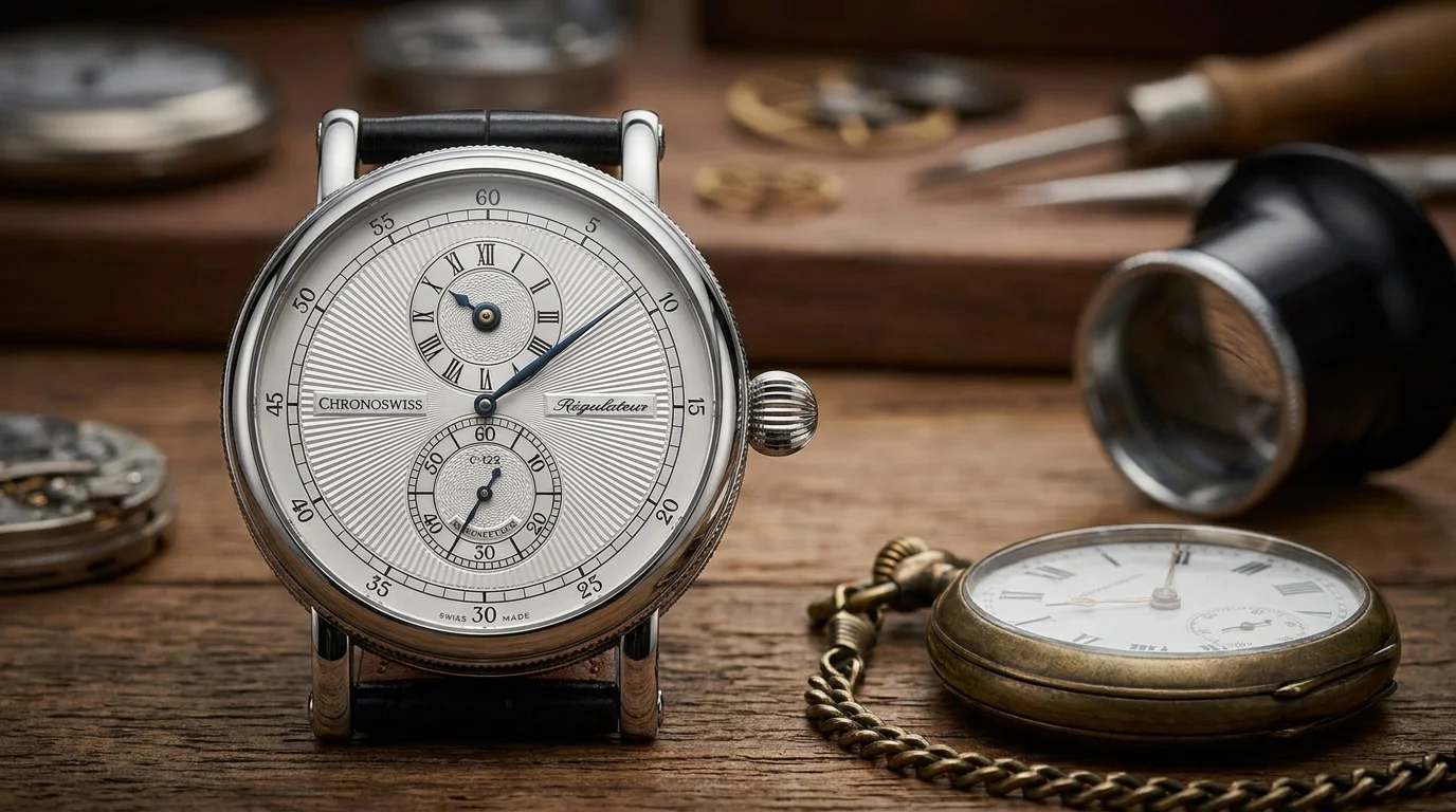 Regulator dial watch on a wooden desk next to a vintage pocket watch and loupe, evoking a watchmaker's workshop