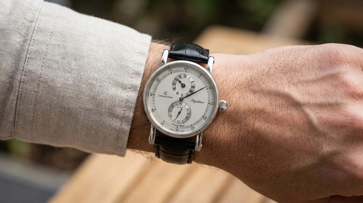 Regulator dial watch worn on the wrist showing the offset hour and seconds sub-dials