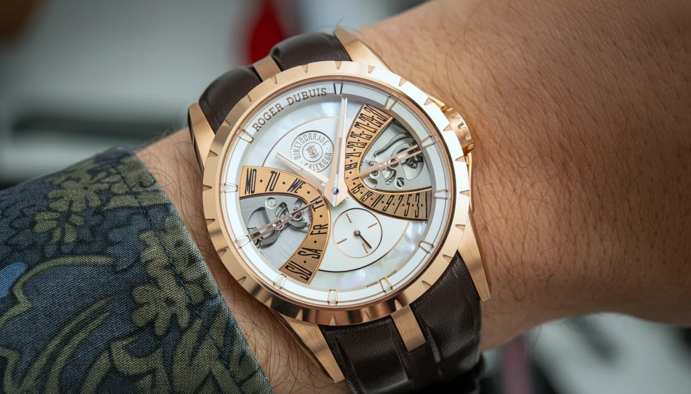 Skeletonized biretrograde watch showing separate day and date arcs on the dial