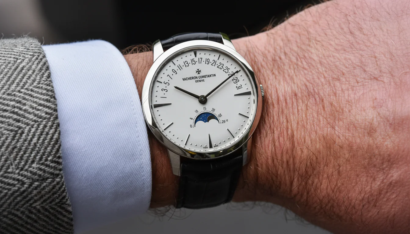 Retrograde date complication watch worn on the wrist, showing the arced date scale and moon phase