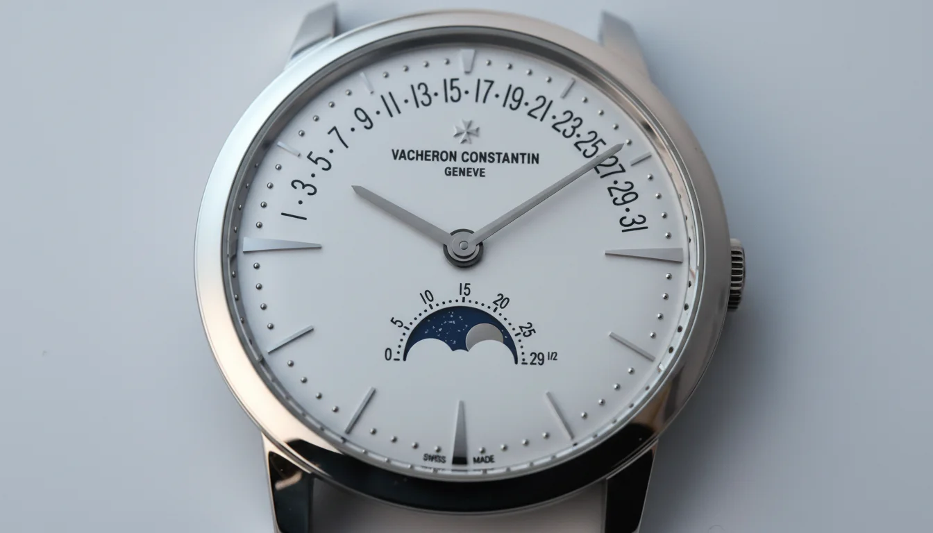 Flat lay macro of a retrograde date dial showing the printed arc scale and moon phase subdial