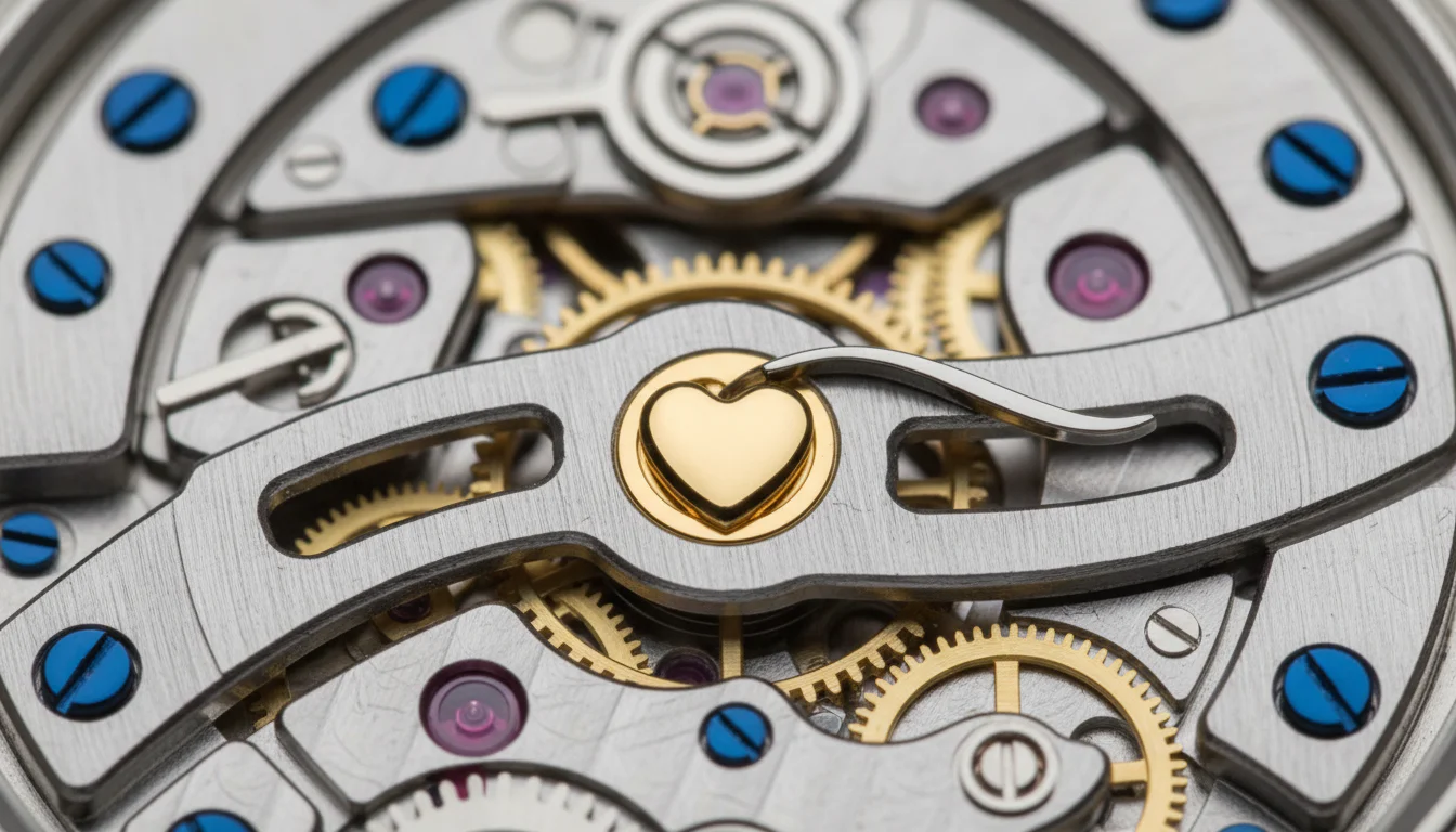 Macro of a watch movement showing the gold heart-shaped cam and lever that drives a snap-back mechanism