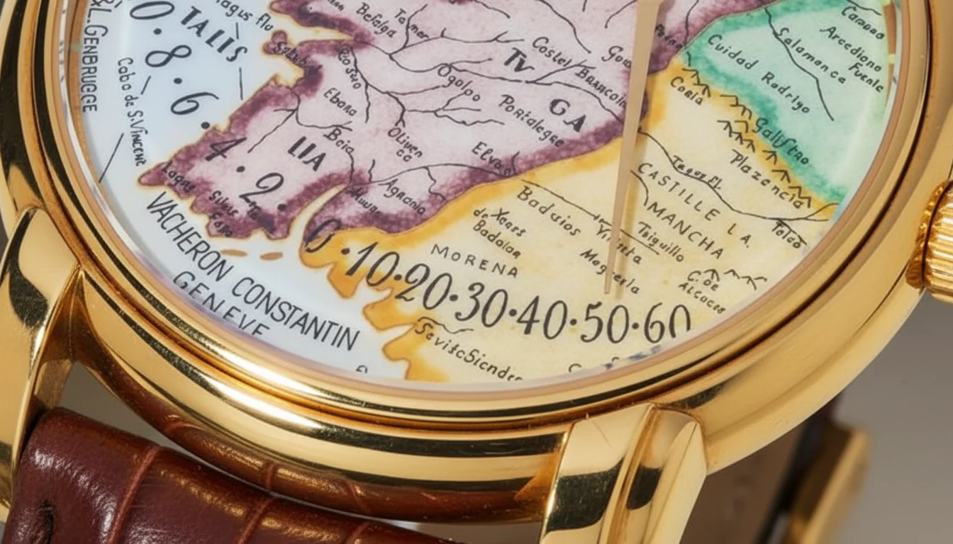 Macro of a hand-painted map dial with compass-needle retrograde hands sweeping across a printed arc