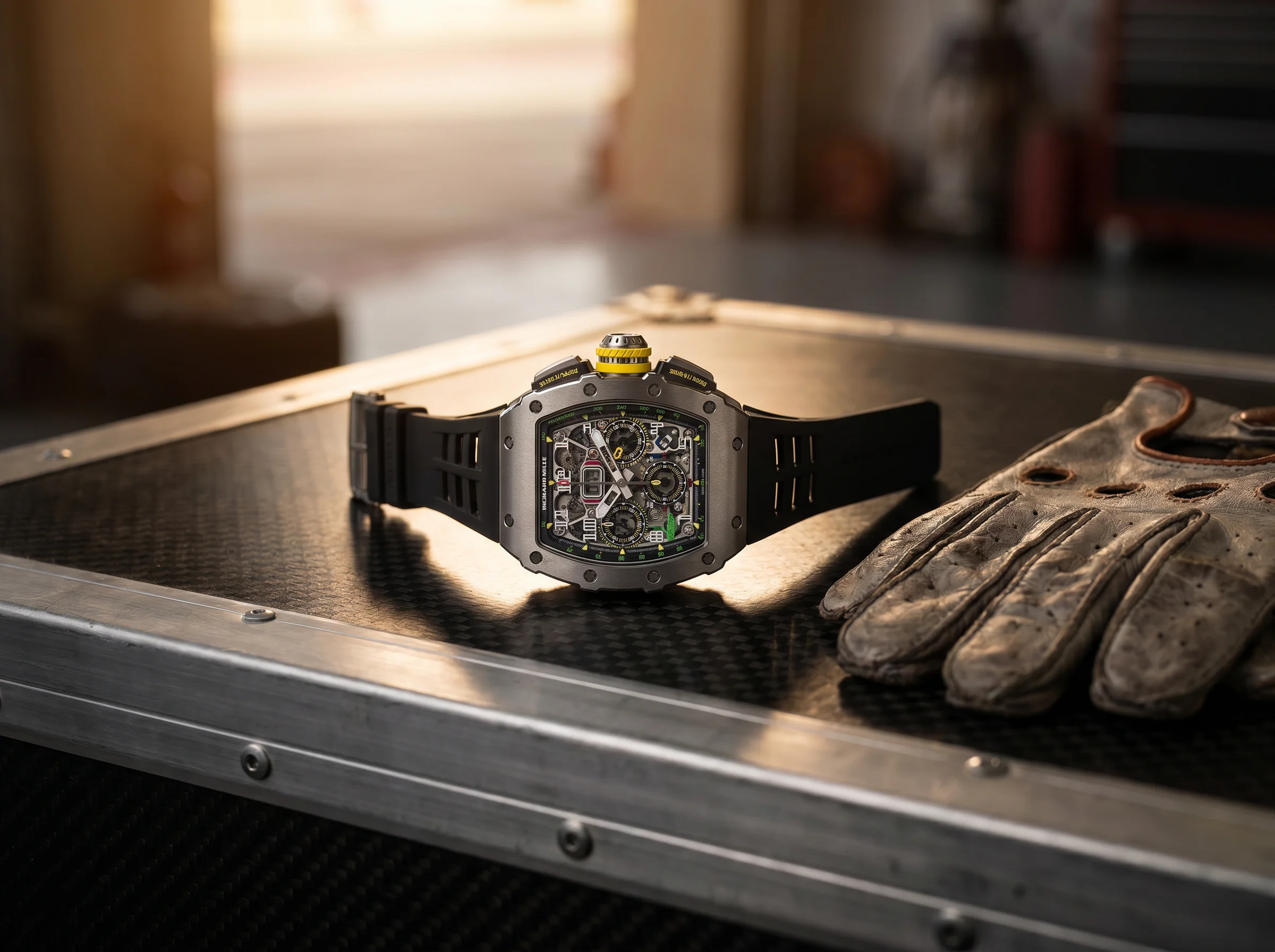 Richard Mille RM 11-03 titanium on a carbon-fiber surface beside a leather driving glove