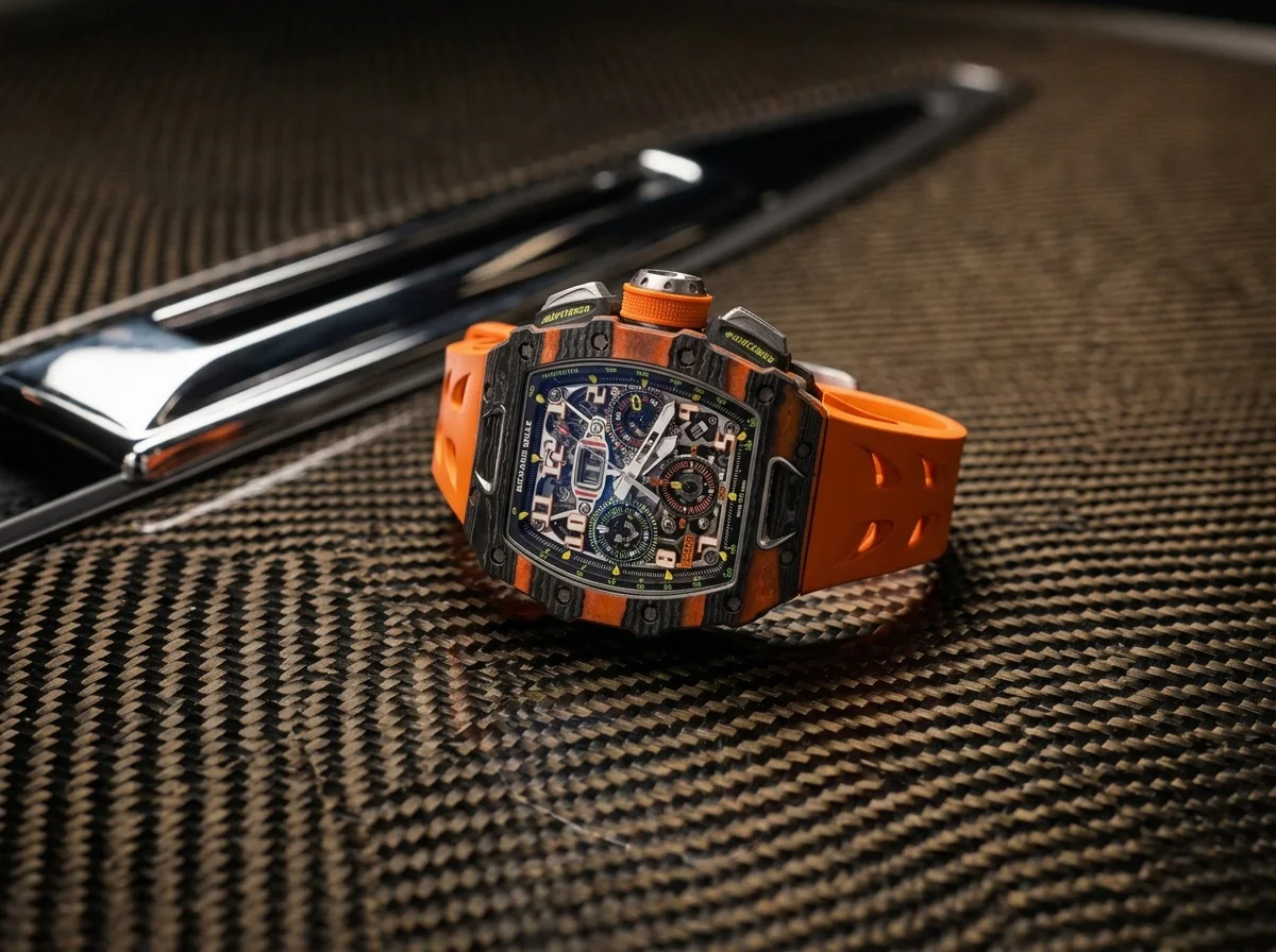 Richard Mille RM 11-03 McLaren in black Carbon TPT and orange Quartz TPT on a carbon-fiber surface