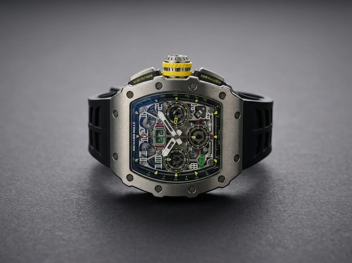 Close view of a Richard Mille RM 11-03 skeletonized dial revealing the movement bridges beneath