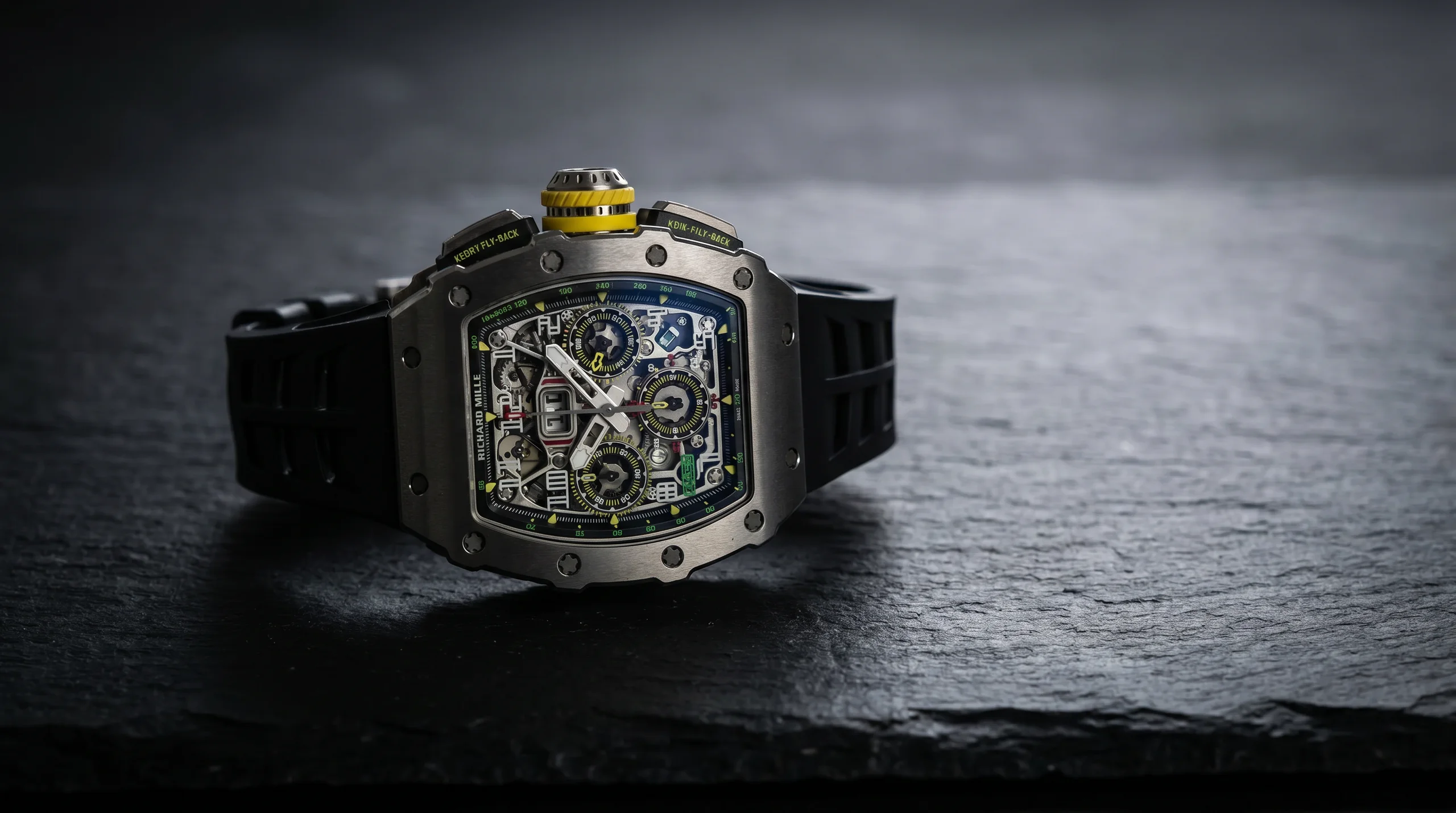 Richard Mille RM 11-03 titanium flyback chronograph with skeletonized dial on dark slate