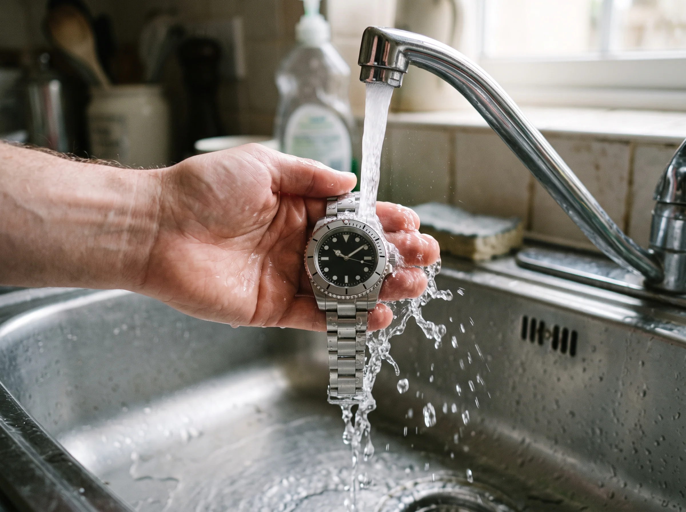 A dive watch being rinsed under fresh tap water over a sink