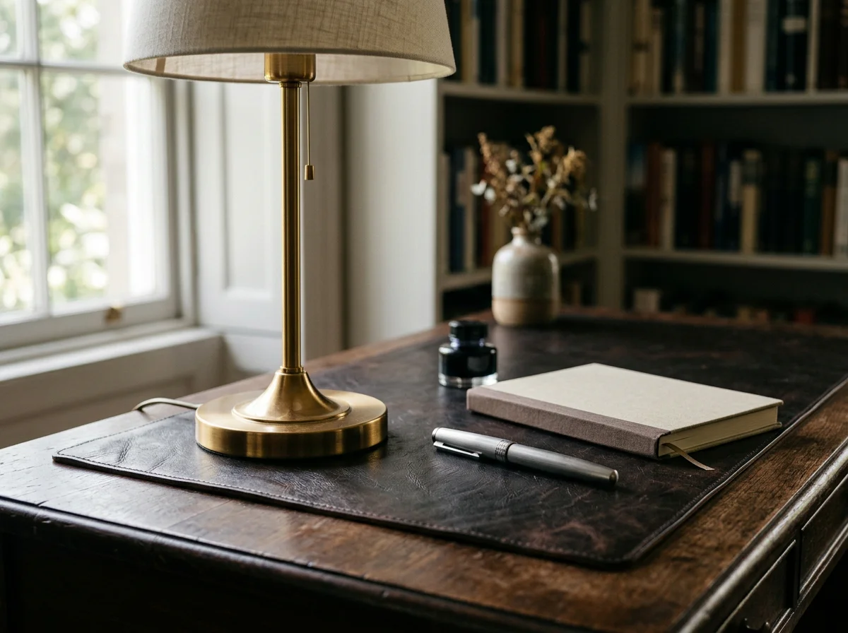 A refined desk with a brass lamp base and a steel pen, warm gold and cool steel side by side
