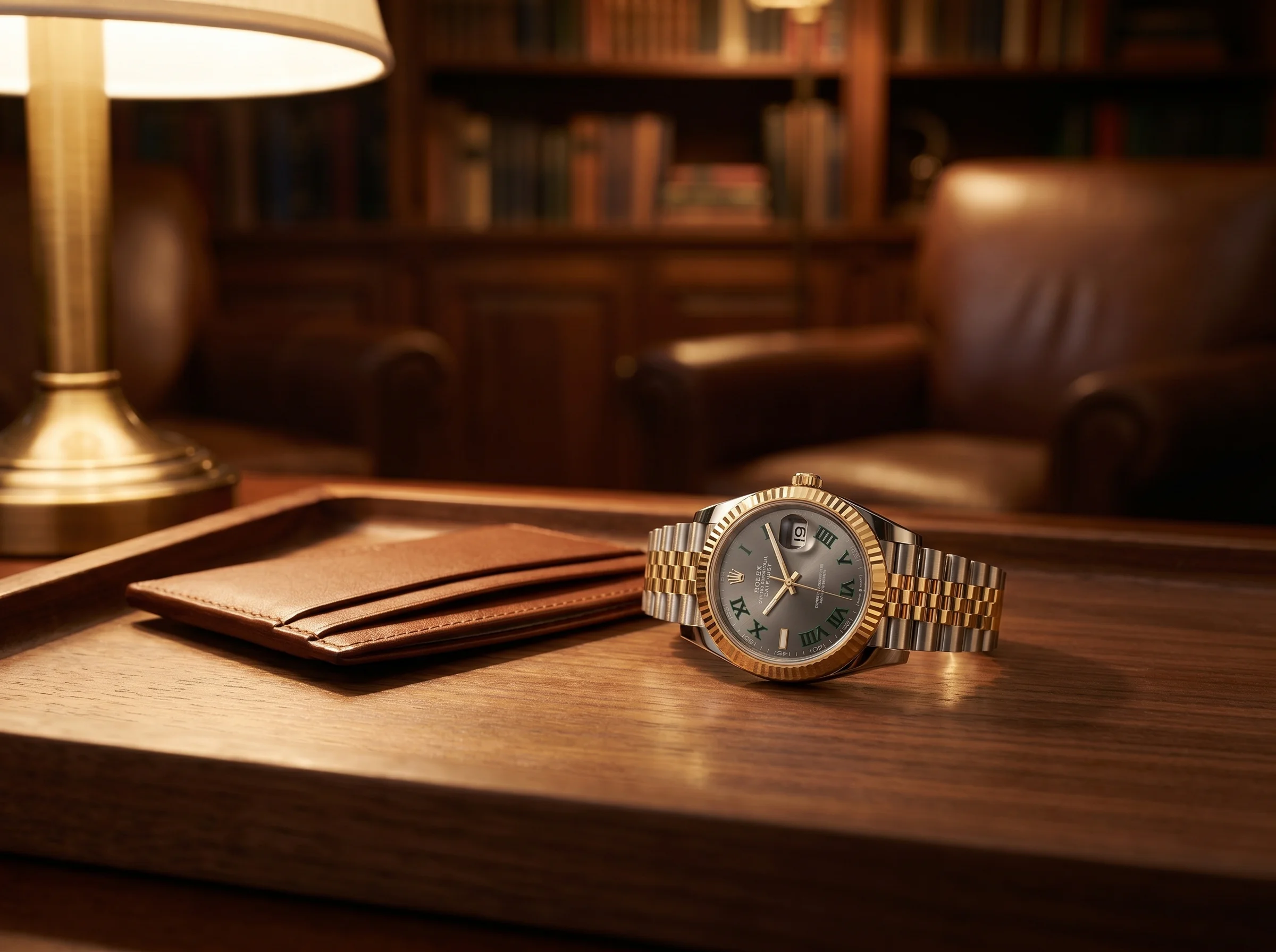 Two-tone steel and gold watch on a walnut tray beside a leather card holder
