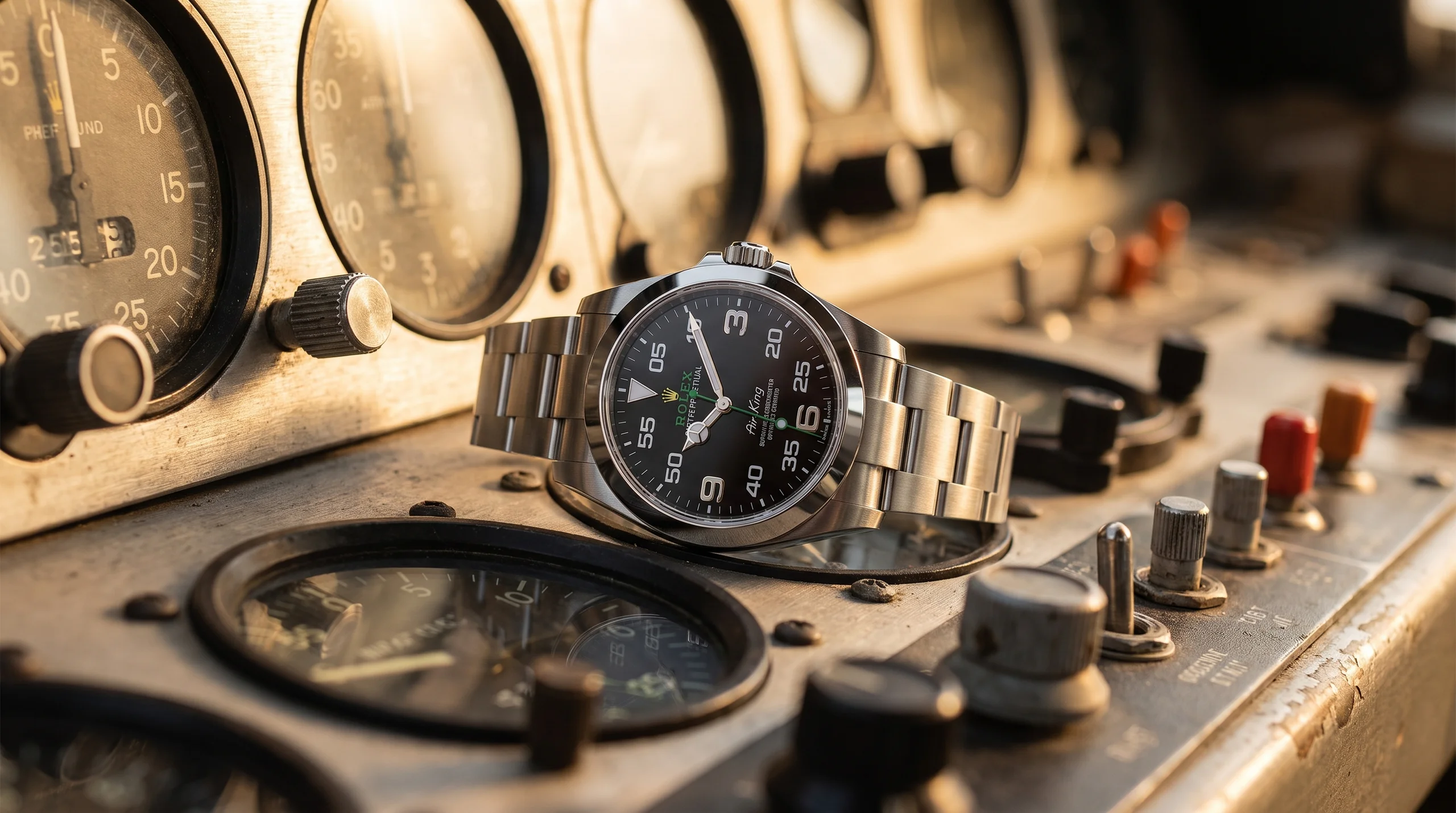Rolex Air-King 126900 black dial on a vintage aircraft instrument panel