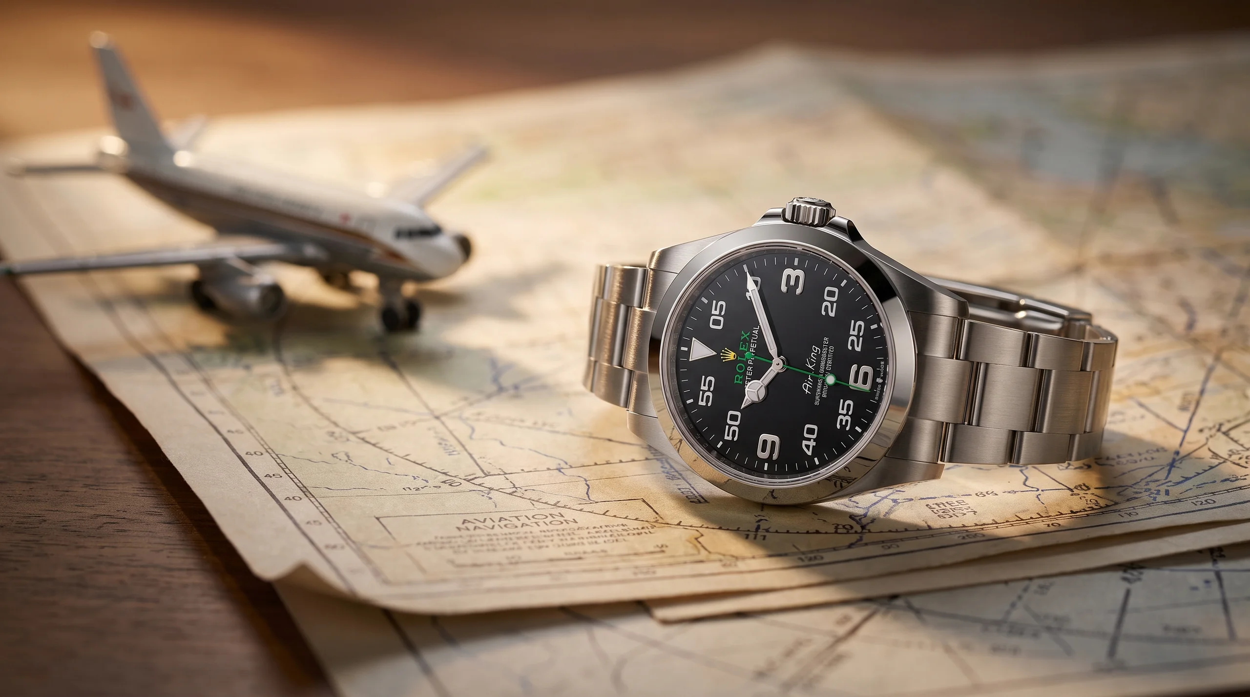Rolex Air-King 126900 on a vintage aviation navigation chart