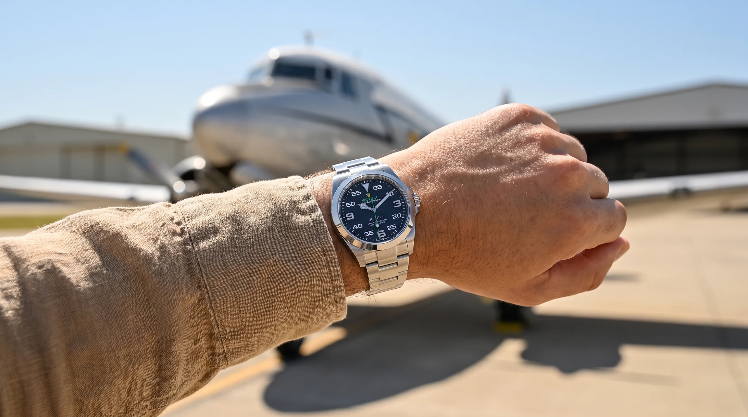 Rolex Air-King 126900 worn on the wrist near an aircraft