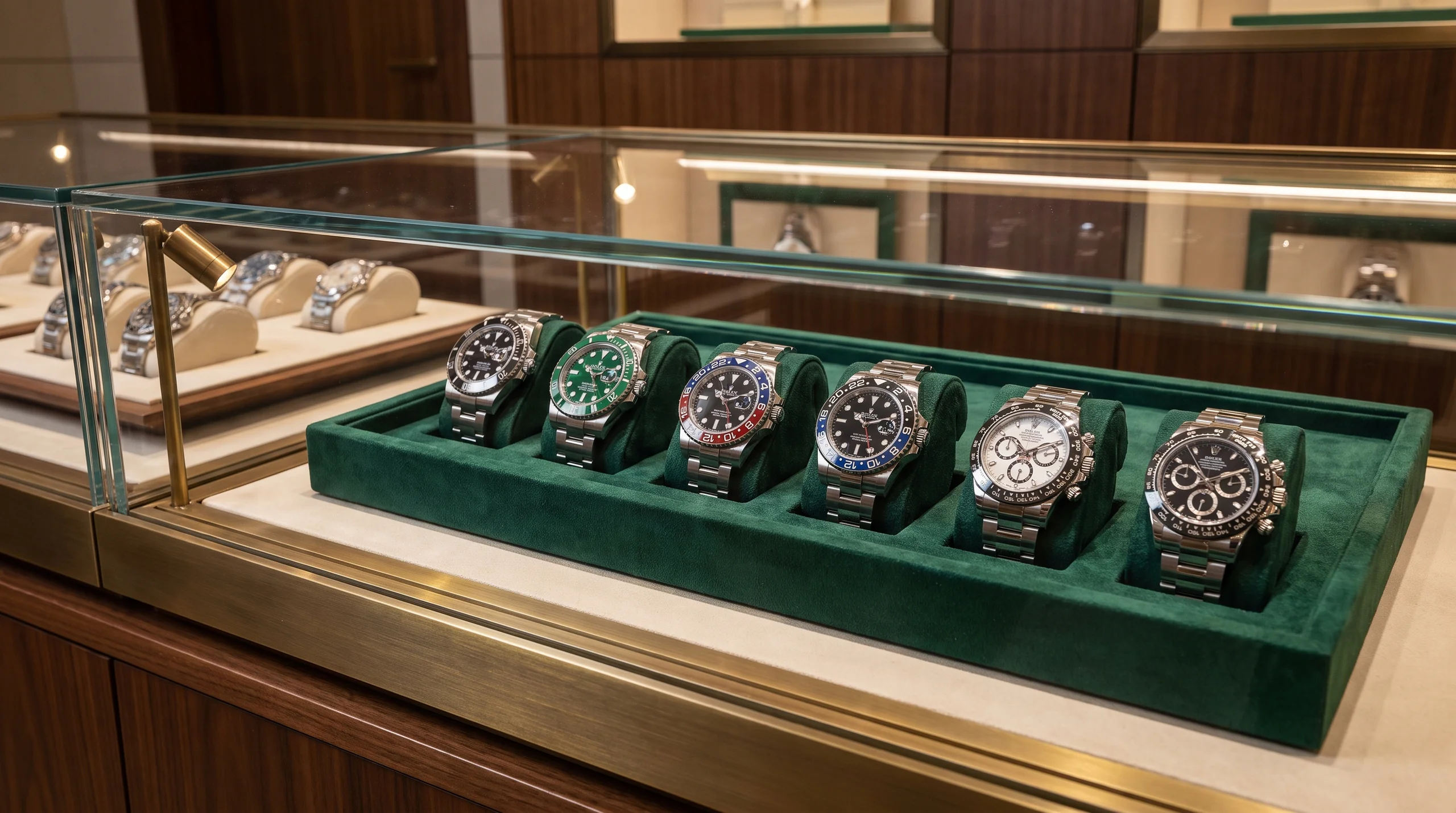 Authorized Rolex boutique display case with steel Submariner, GMT-Master II, and Daytona watches