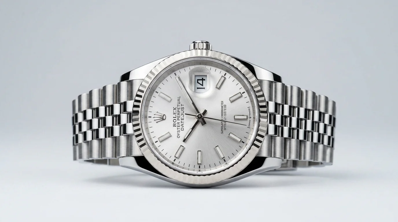 Rolex Datejust 126234 with fluted white gold bezel, silver dial, and Jubilee bracelet.