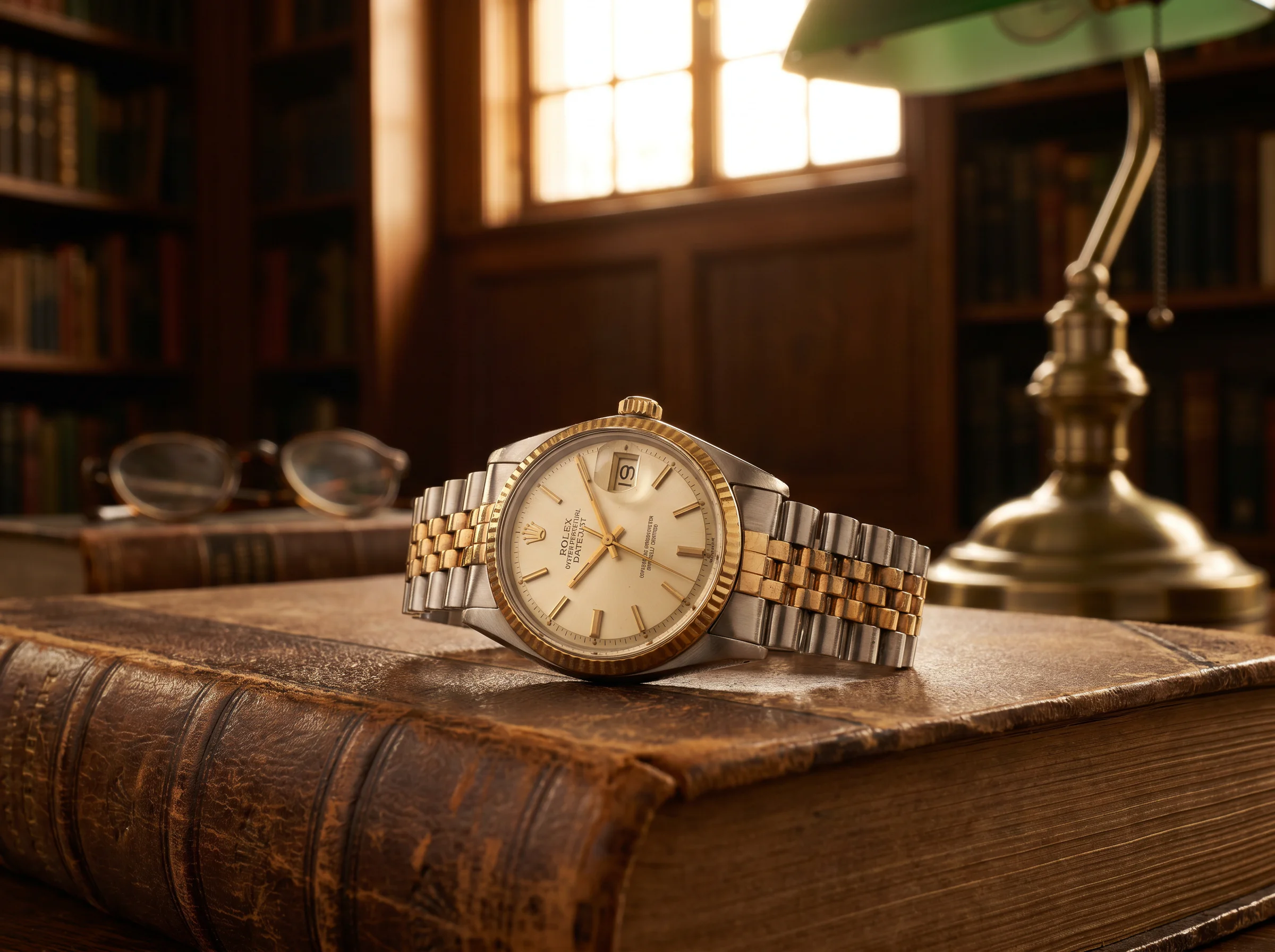 Vintage 1970s Rolex Datejust reference 1601 with aged tritium patina dial fluted yellow gold bezel and two-tone Jubilee bracelet