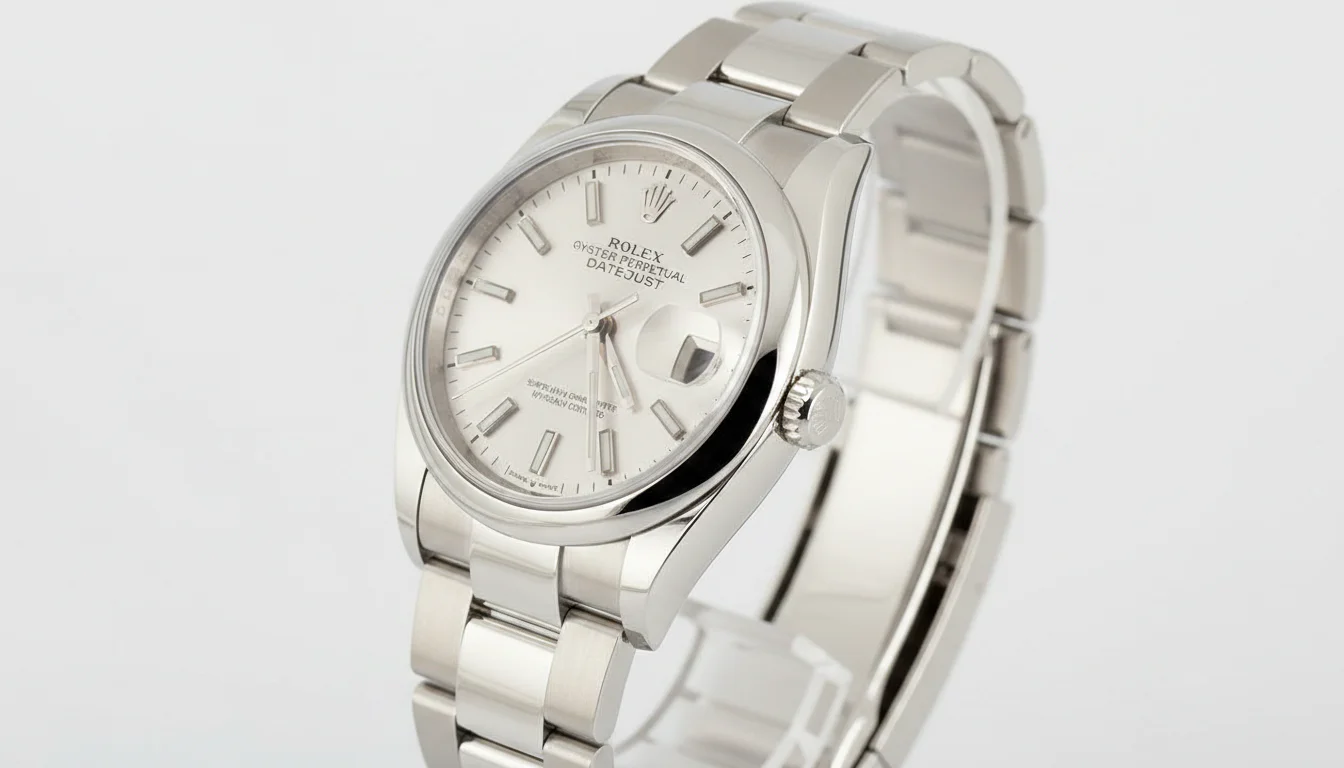 Rolex Datejust 36 steel watch with smooth bezel, close up front view