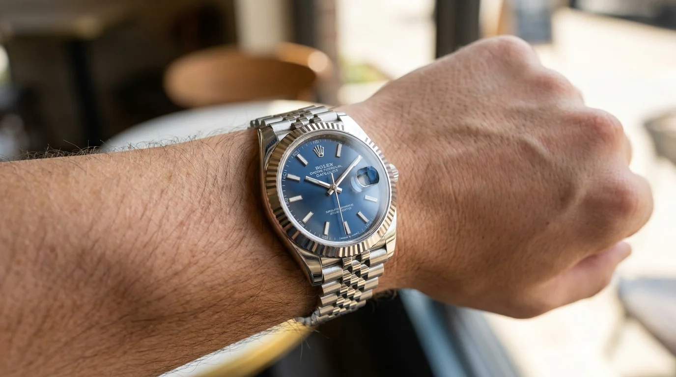 A Rolex Datejust with applied indices worn on the wrist, showing the three-dimensional relief of each hour marker