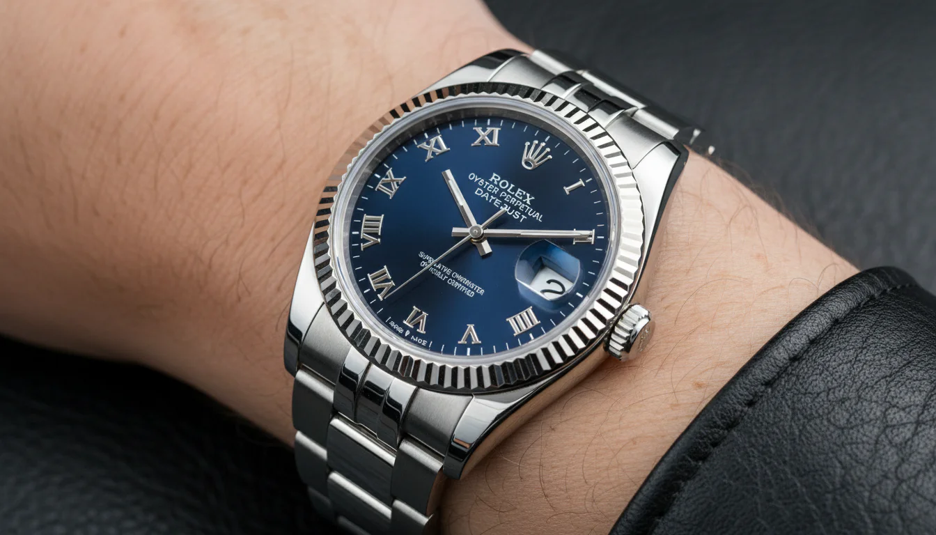 Rolex Datejust with blue dial worn on the wrist showing the cyclops date window