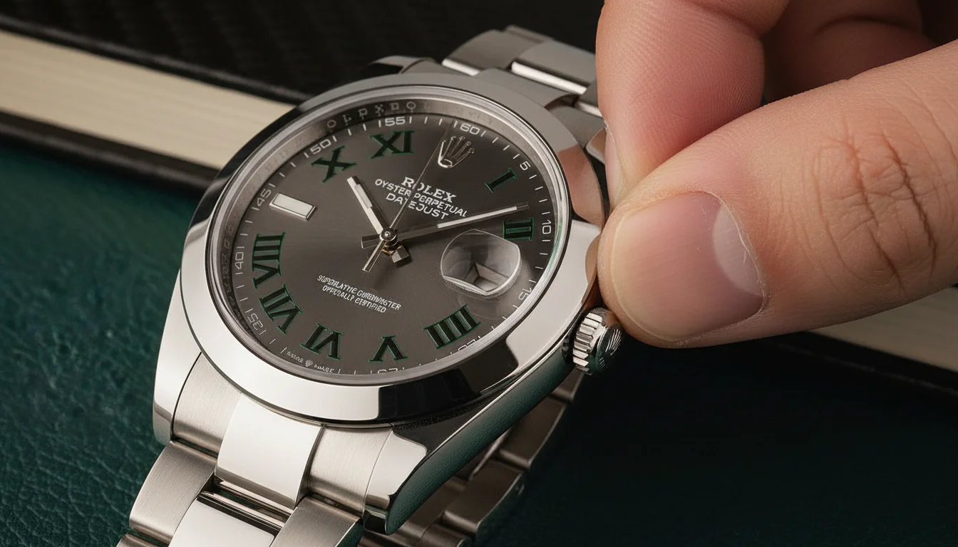 Fingers pulling out the crown of a Rolex Datejust to the setting position to change the date