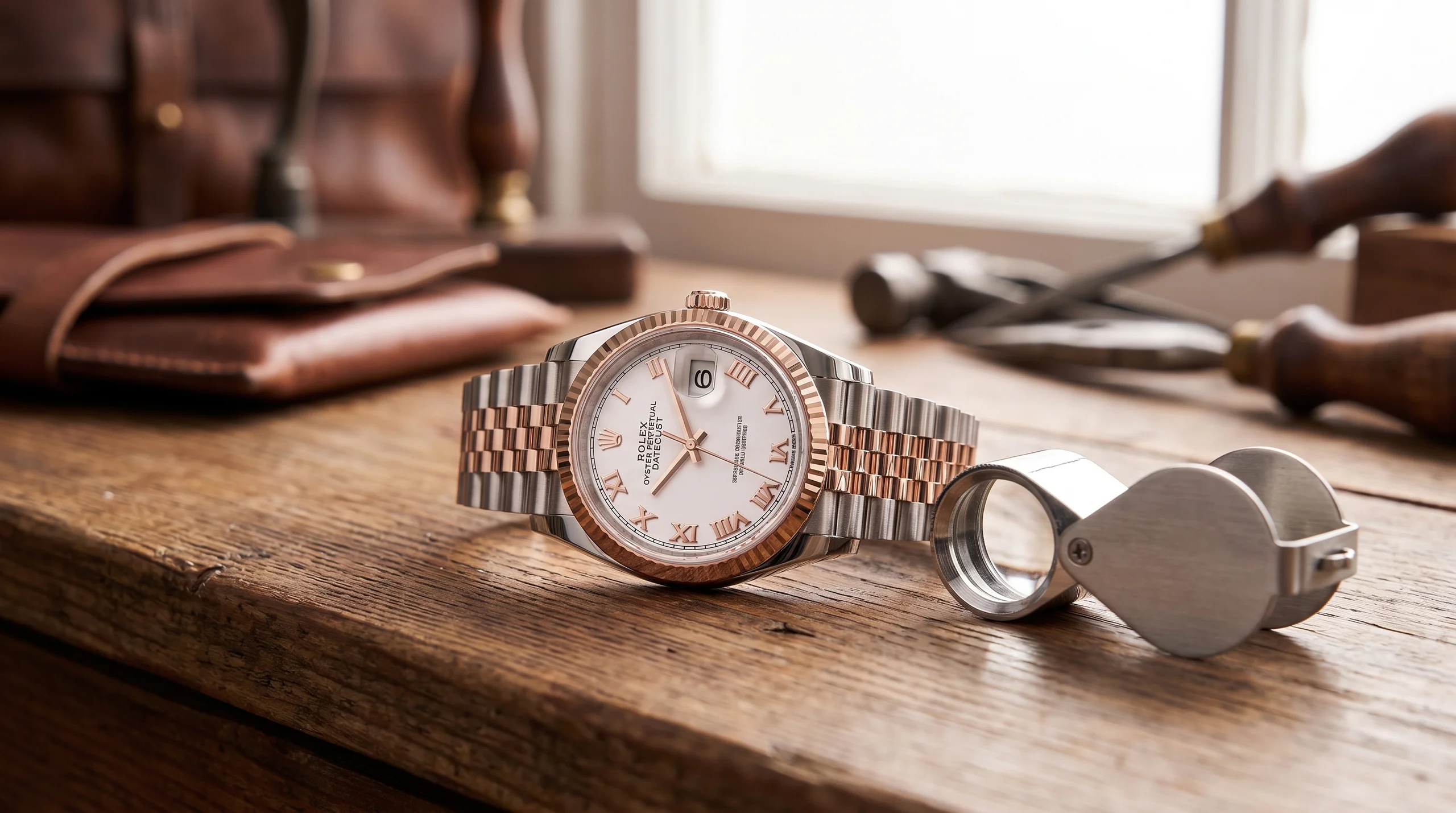 Rolex Datejust with fluted bezel on a dealer counter beside an authentication loupe