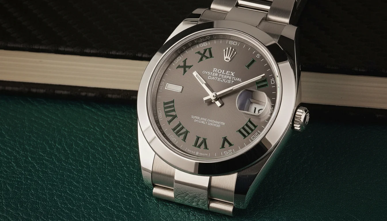 Rolex Datejust 41 dial macro showing the magnified cyclops date window, an example of instantaneous date change