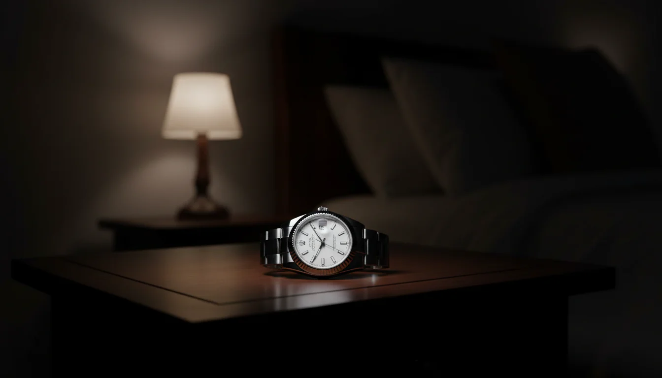 Rolex Datejust resting on a nightstand at night beside a softly lit bedside lamp