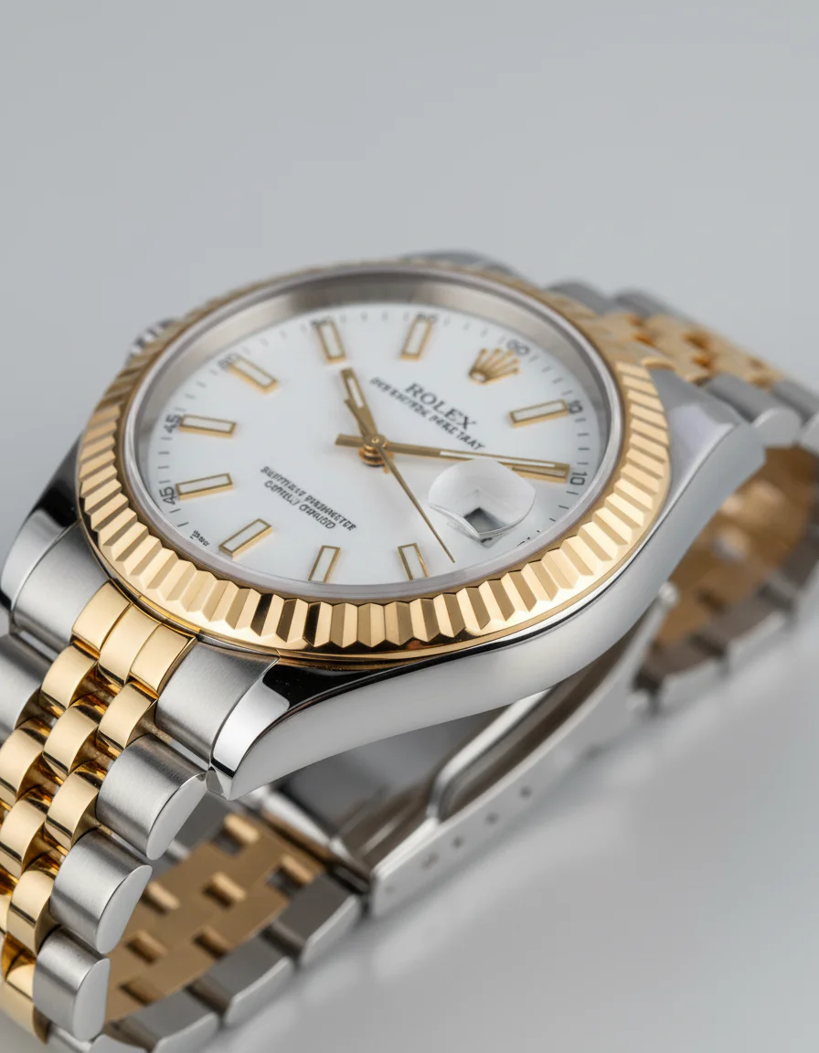 Stainless steel and gold Rolex Datejust with jubilee bracelet in studio product photography