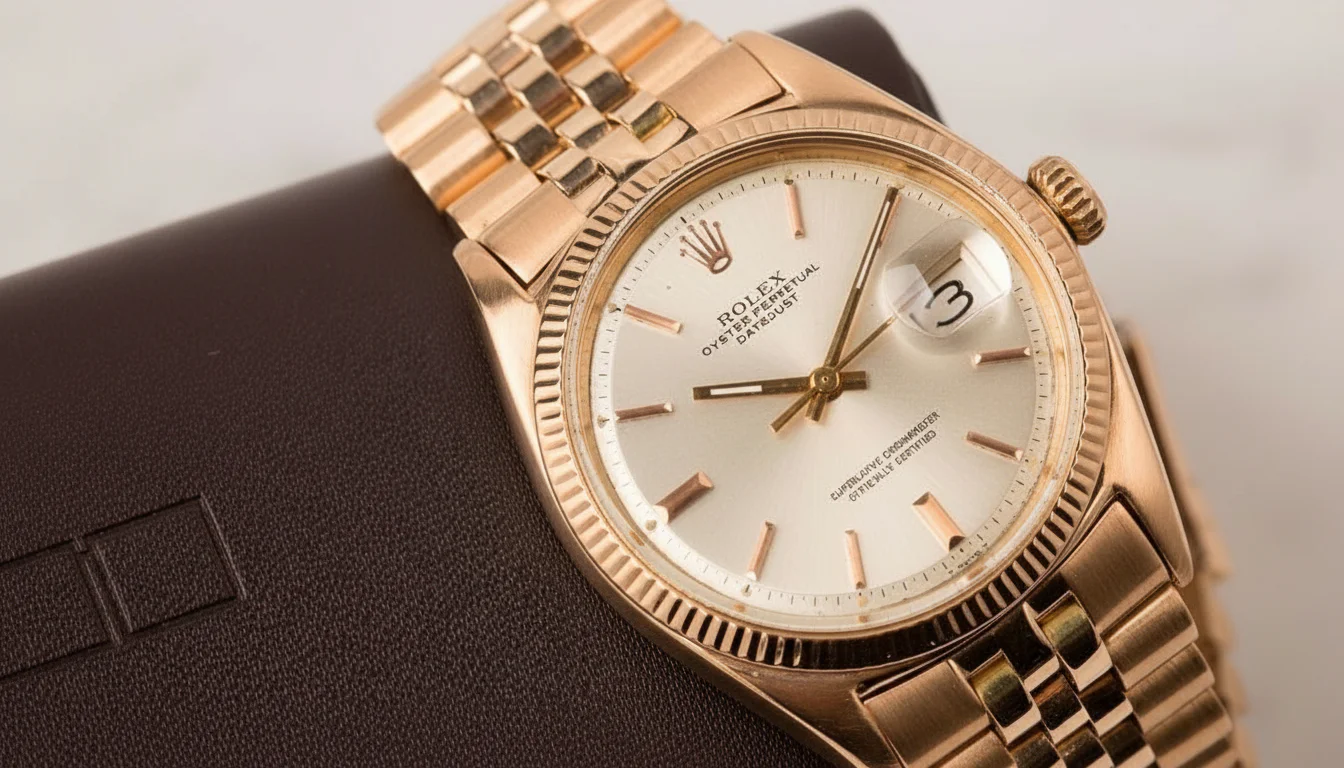 Vintage gold Rolex Datejust reference 1601 showing an early date window design