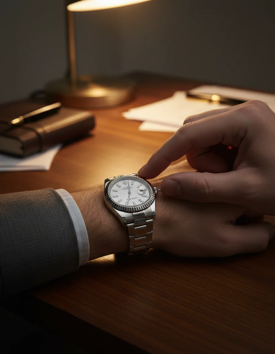 Person adjusting the crown of a Rolex Datejust worn on the wrist at a desk under lamp light