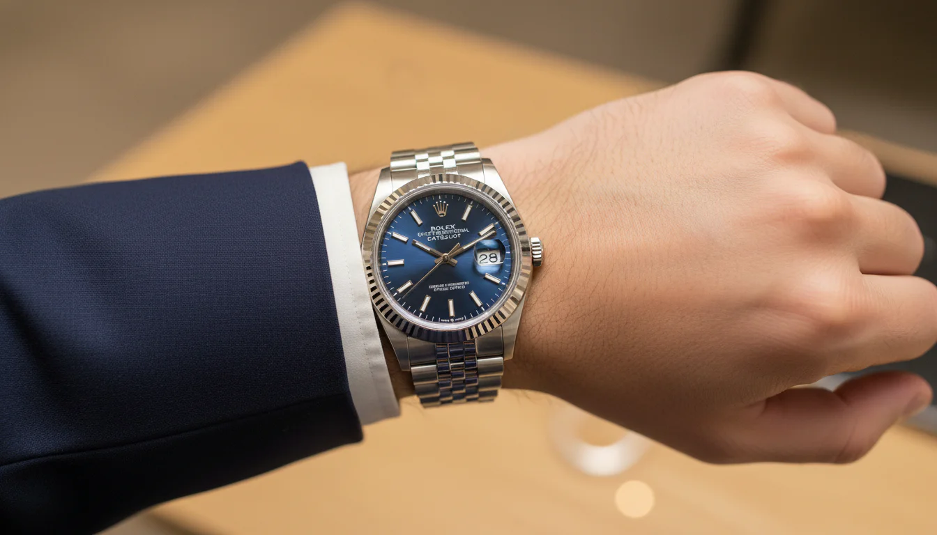 First person point of view wrist shot wearing a Rolex Datejust with blue dial