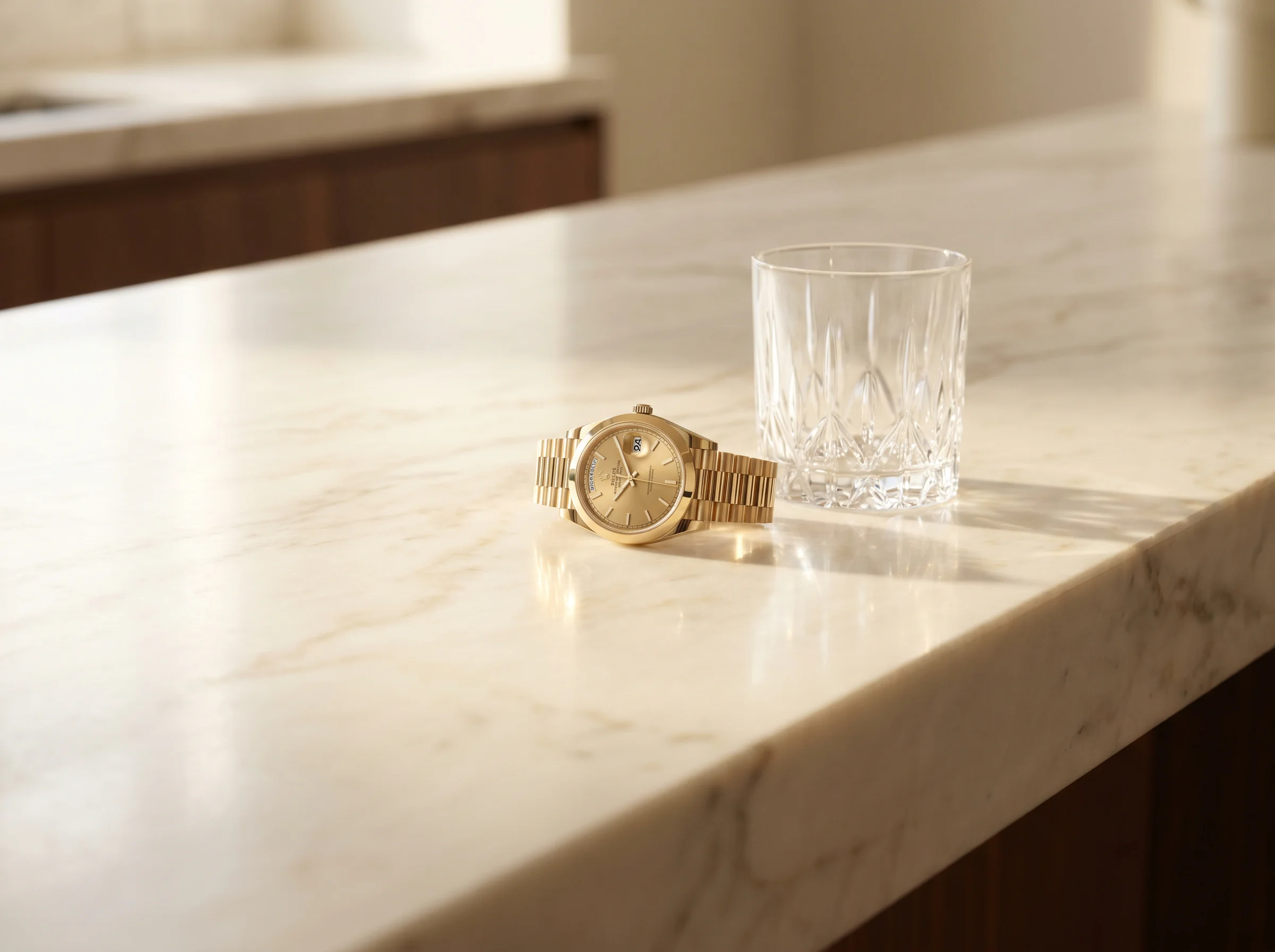 Rolex Day-Date 40 in yellow gold with champagne dial and President bracelet on a marble counter