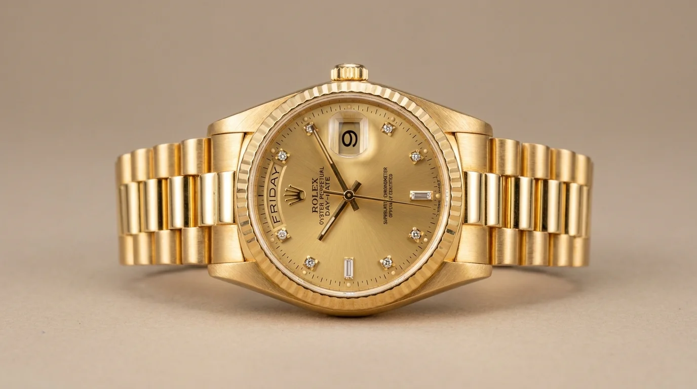 Rolex Day-Date President in solid yellow gold with champagne dial, the reference that took a second 2026 price increase in June.