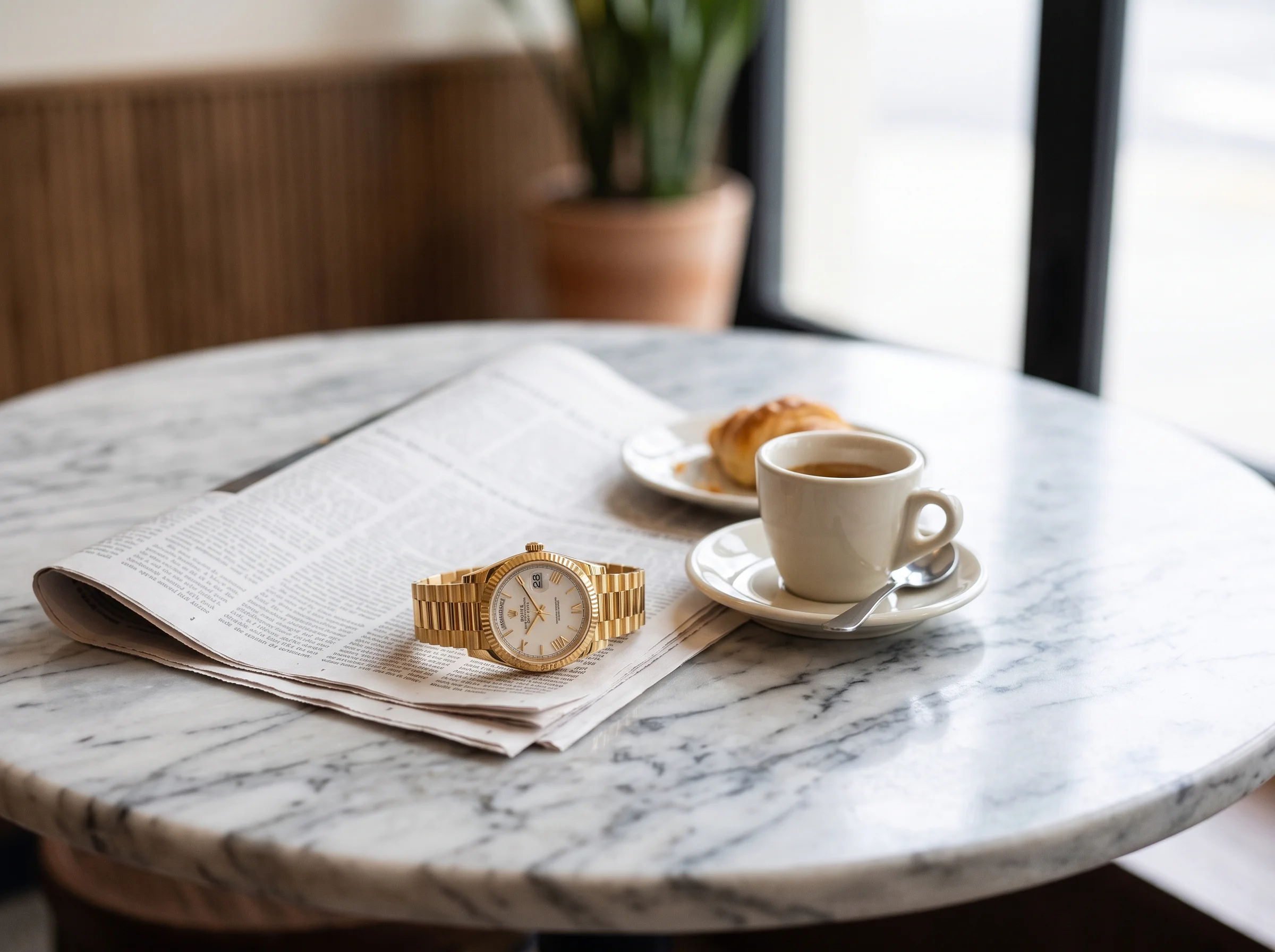 Yellow gold Rolex Day-Date 40 President on a folded newspaper next to an espresso on a marble table