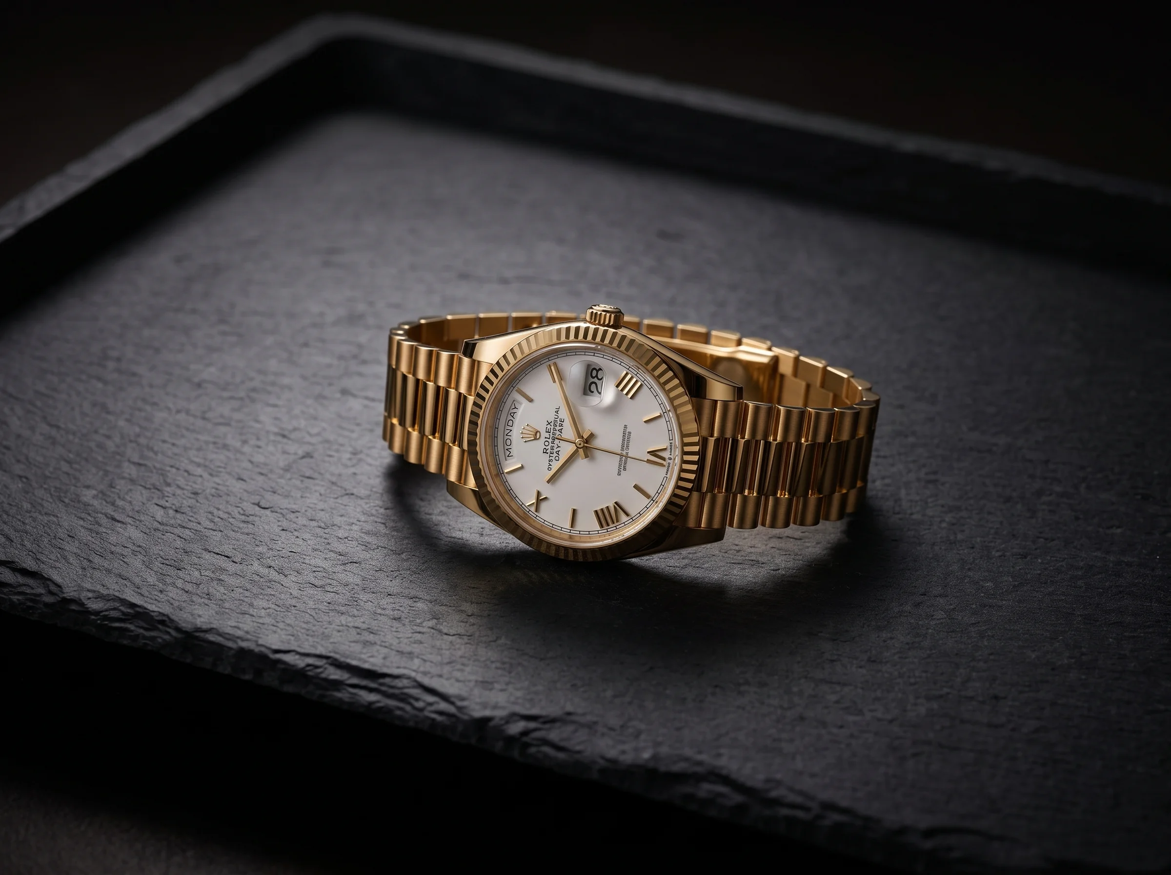 Yellow gold Rolex Day-Date 40 President on a dark slate tray highlighting the fluted bezel and President bracelet