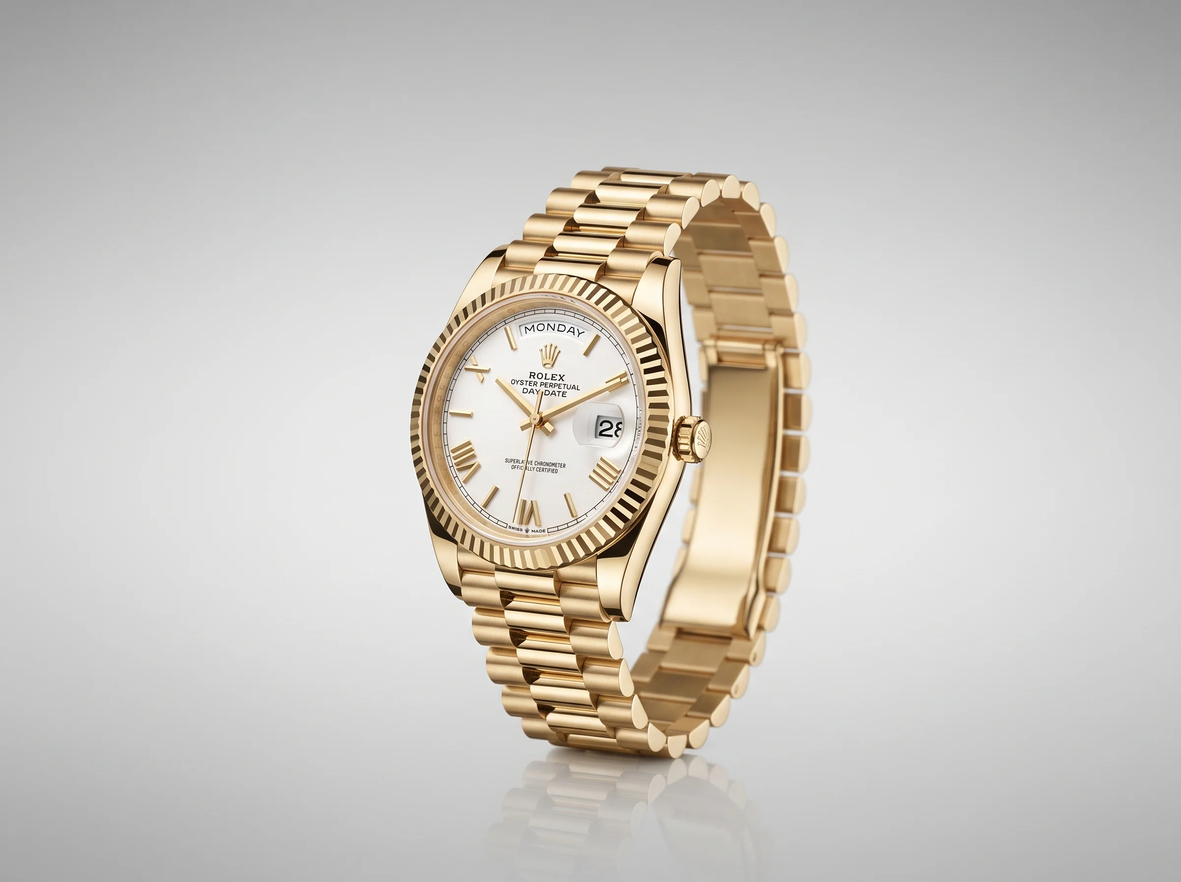 Studio shot of a yellow gold Rolex Day-Date 40 President on a light grey background, three-quarter view