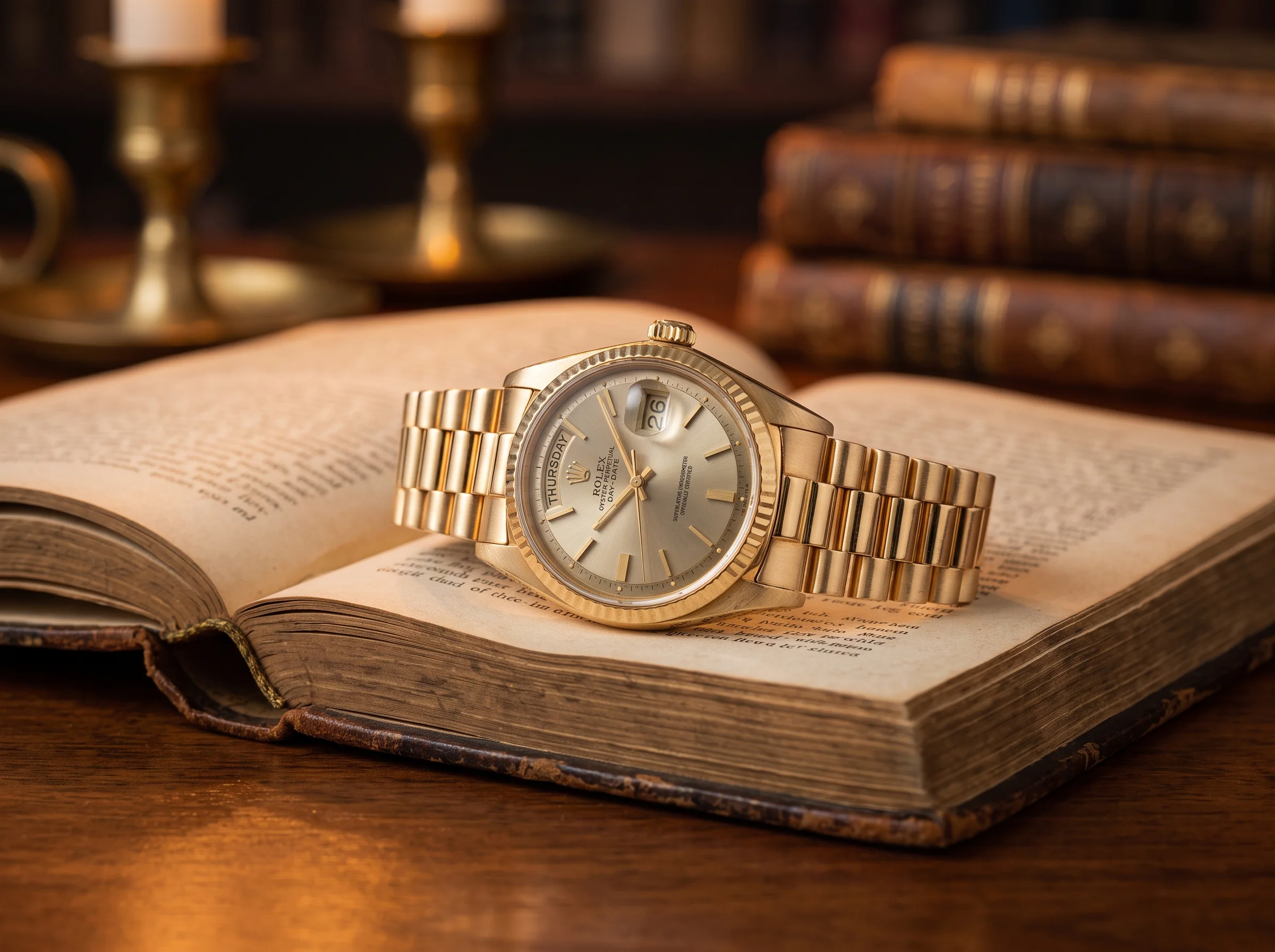 Vintage yellow gold Rolex Day-Date resting on an open leather-bound book under warm lamplight