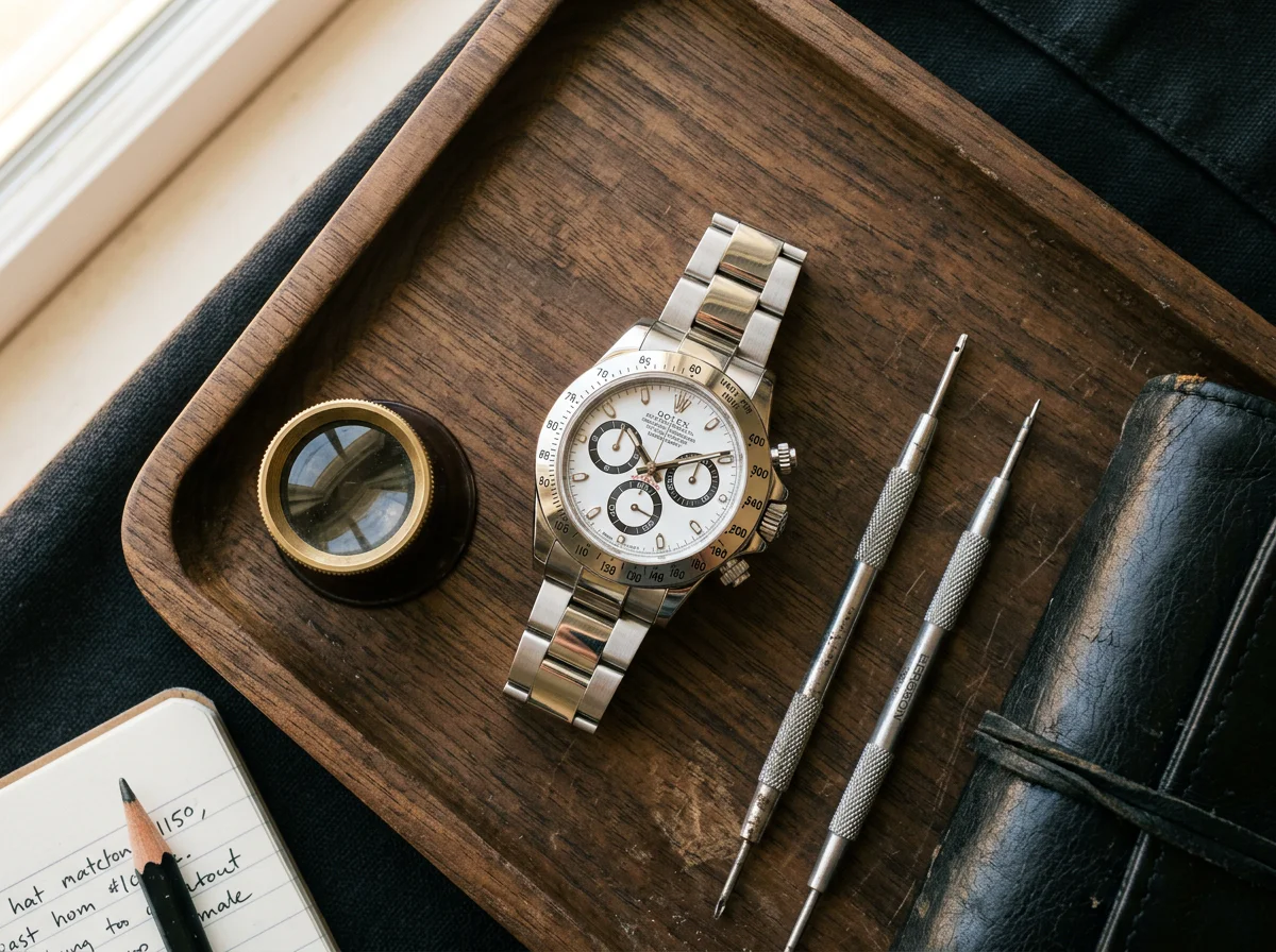 Top-down flat-lay of the pre-ceramic Rolex Daytona 116520 with engraved steel bezel on a walnut collector tray with watch tools