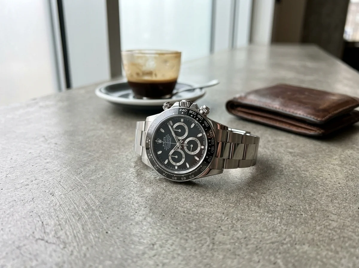 Rolex Daytona 126500LN black Godzilla dial on a brushed concrete cafe table with espresso cup softly out of focus