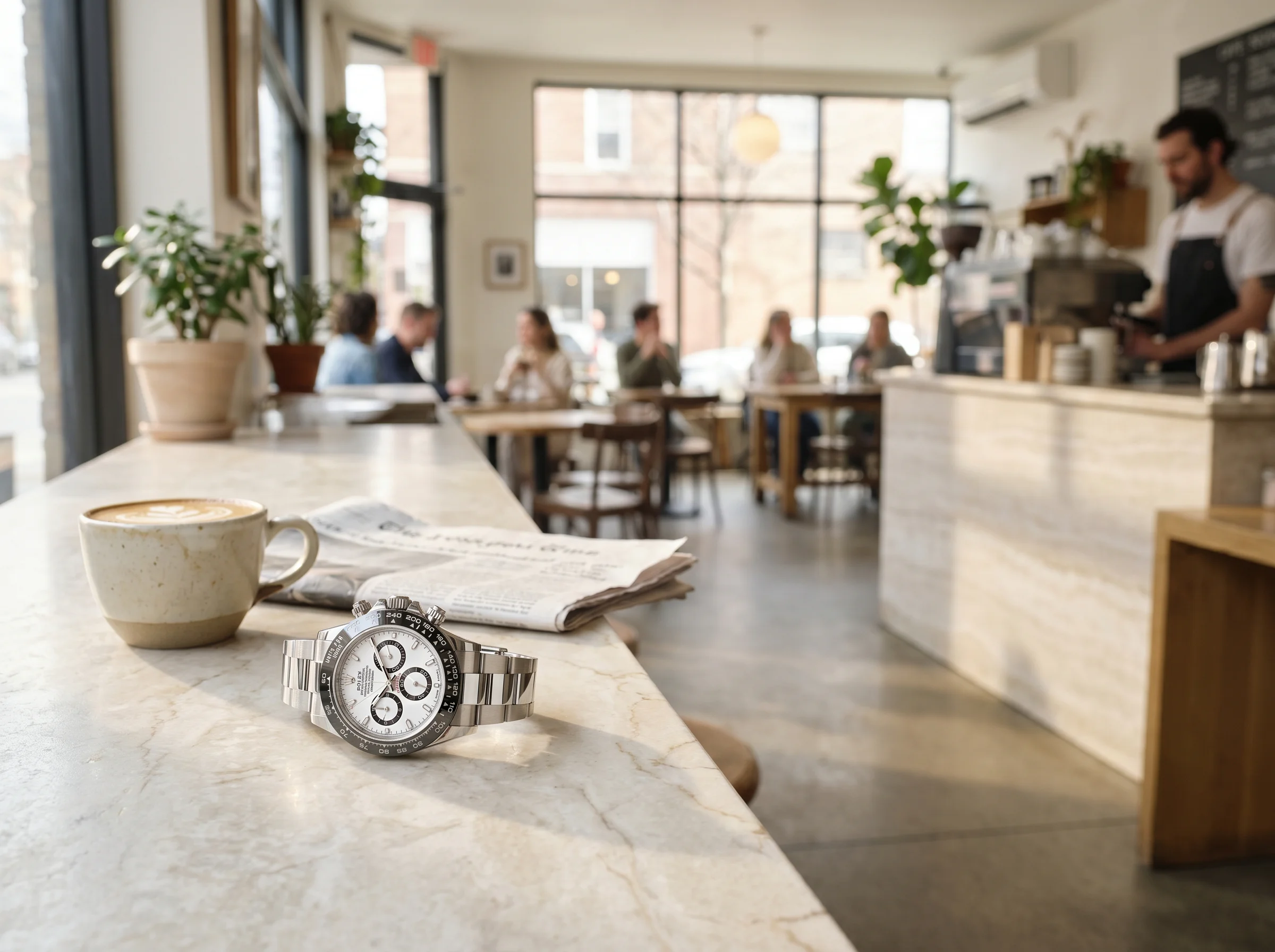 Rolex Cosmograph Daytona 126500LN steel chronograph with white panda dial on a marble cafe counter