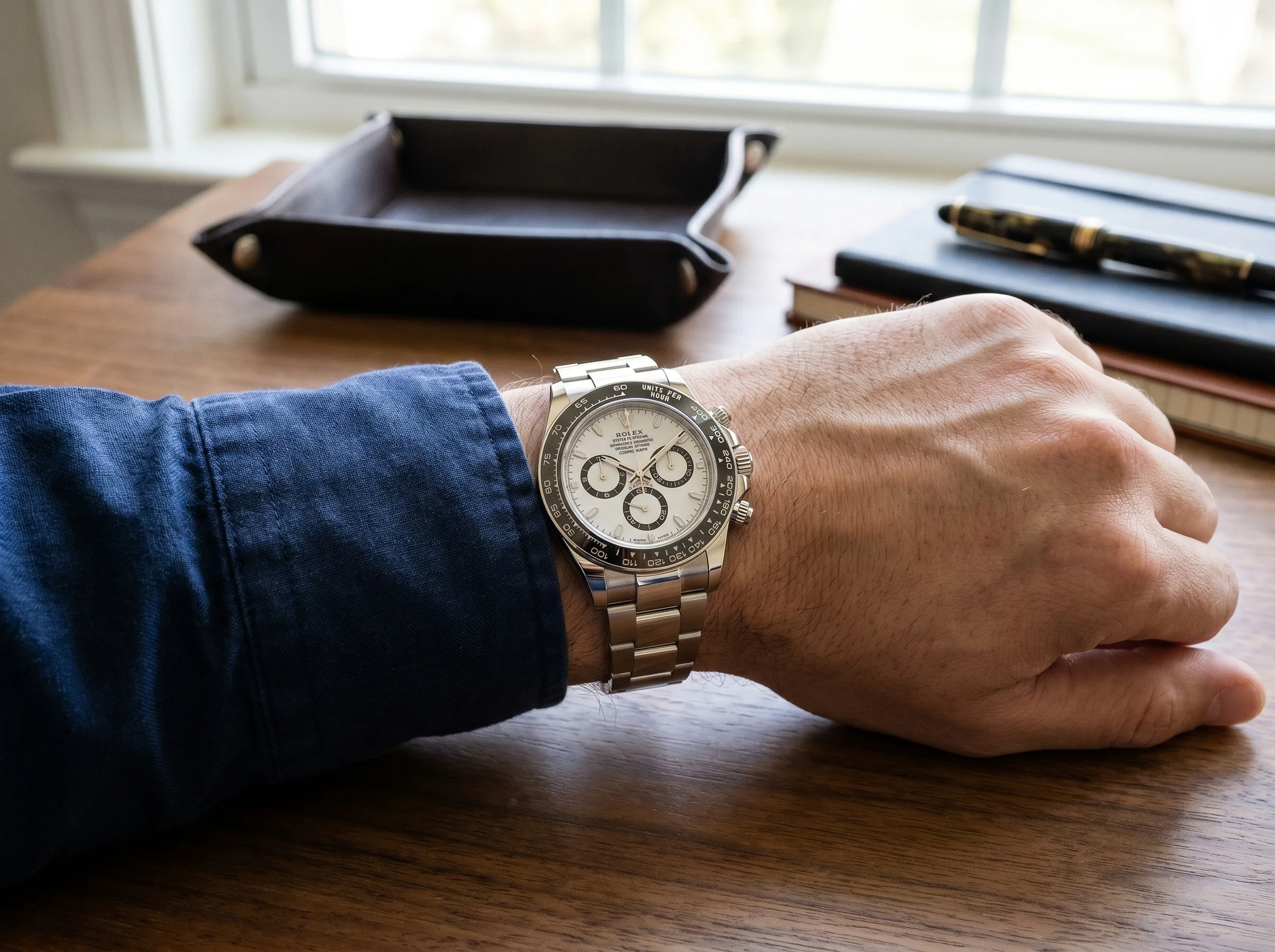 Wrist shot of a Rolex Daytona 126500LN steel ceramic Panda dial on a man's wrist showing the case scale on a writer's desk