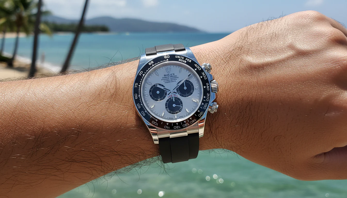Rolex Daytona chronograph on a black Oysterflex rubber strap worn on the wrist near water