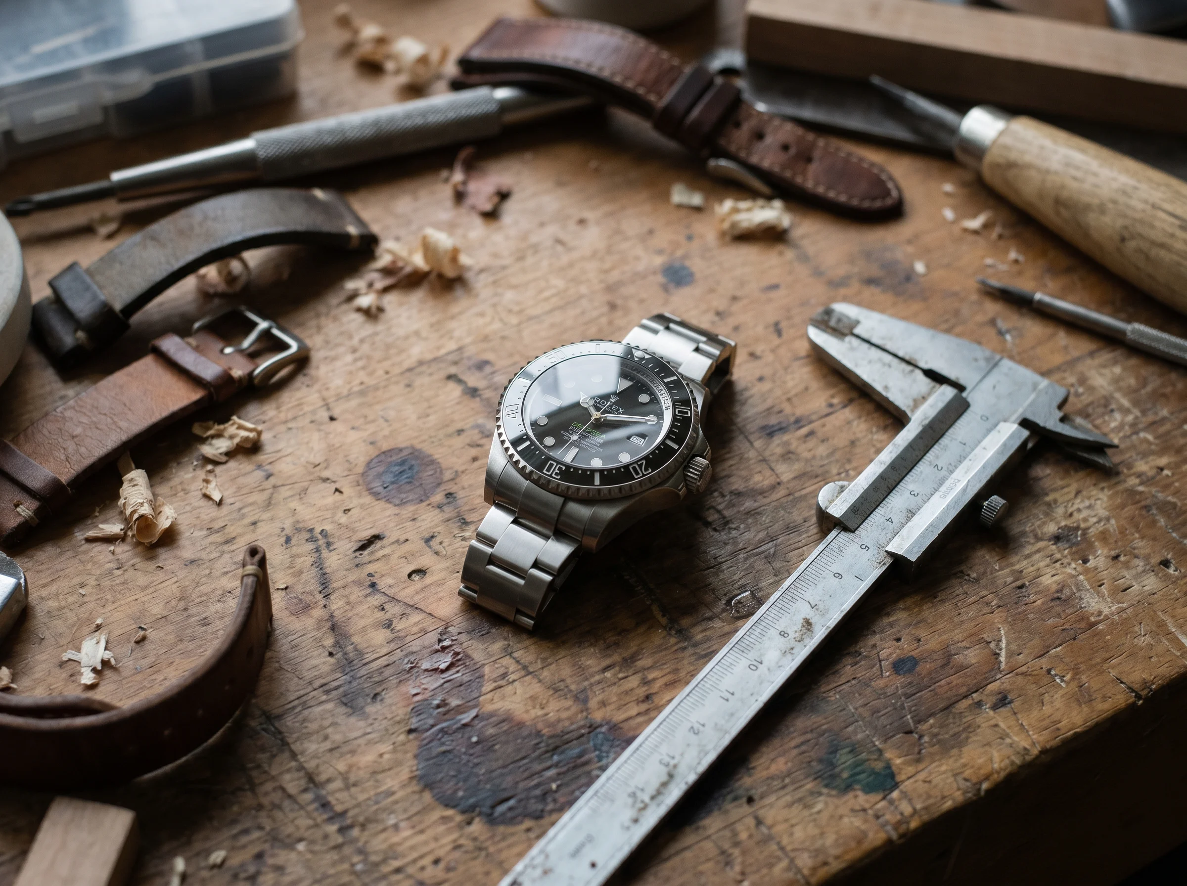 Rolex Deepsea 136660 with black dial on a workshop bench, showing its thick case profile