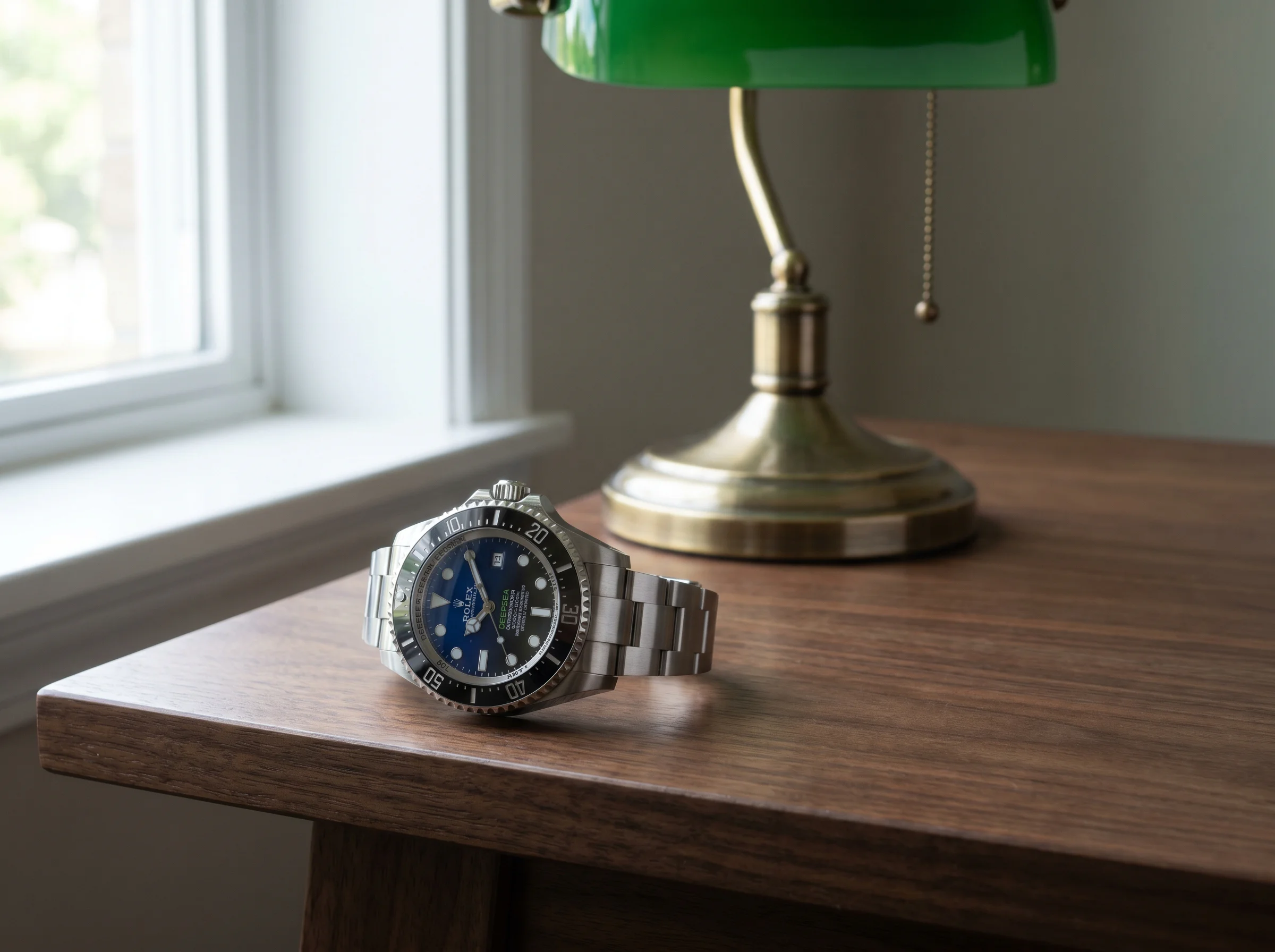 Rolex Deepsea 136660 D-Blue James Cameron with blue-to-black gradient dial on a dark walnut desk