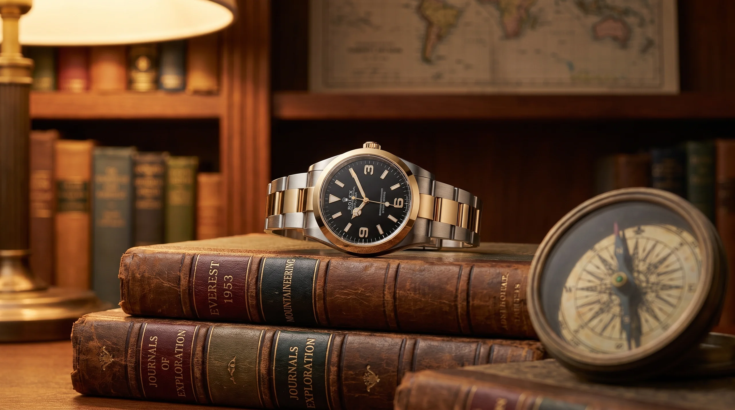 Rolex Explorer 124270 on vintage expedition books with a compass
