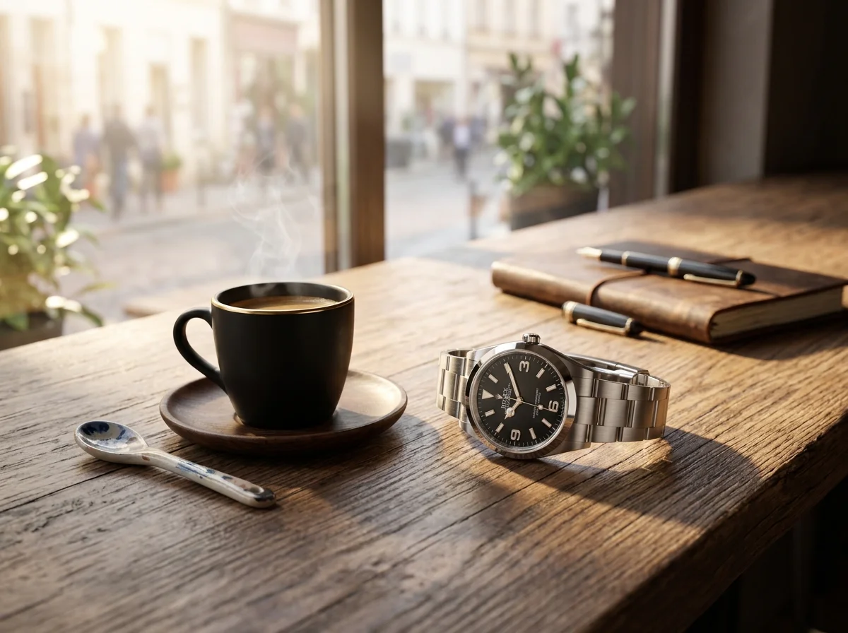 Rolex Explorer 124270 on wooden cafe table beside espresso cup, morning window light, editorial wide composition