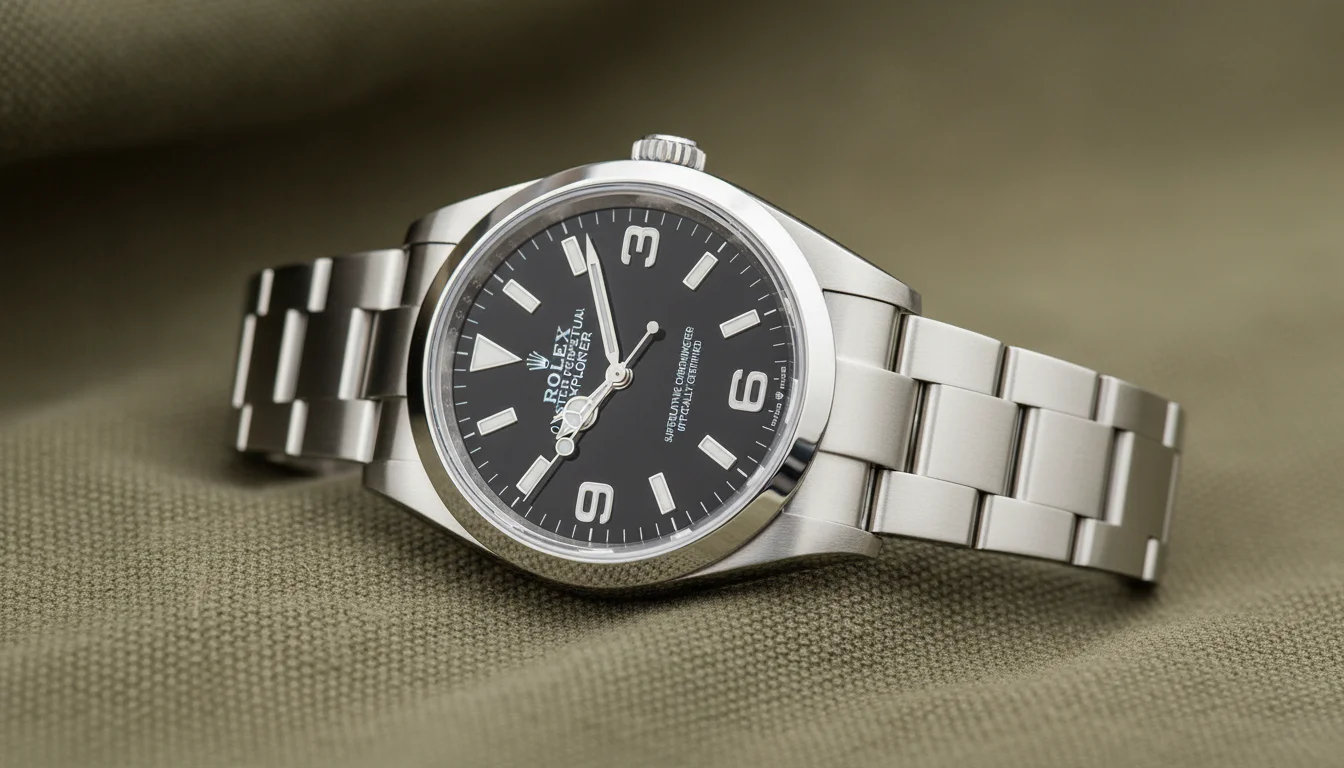 Macro shot of a Rolex Explorer 124270 dial with black dial and luminous Arabic numerals