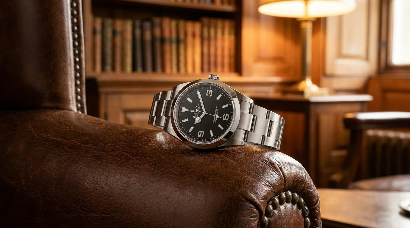 Rolex Explorer 124270 36mm Oystersteel on leather chair arm in warm library setting, editorial wide composition