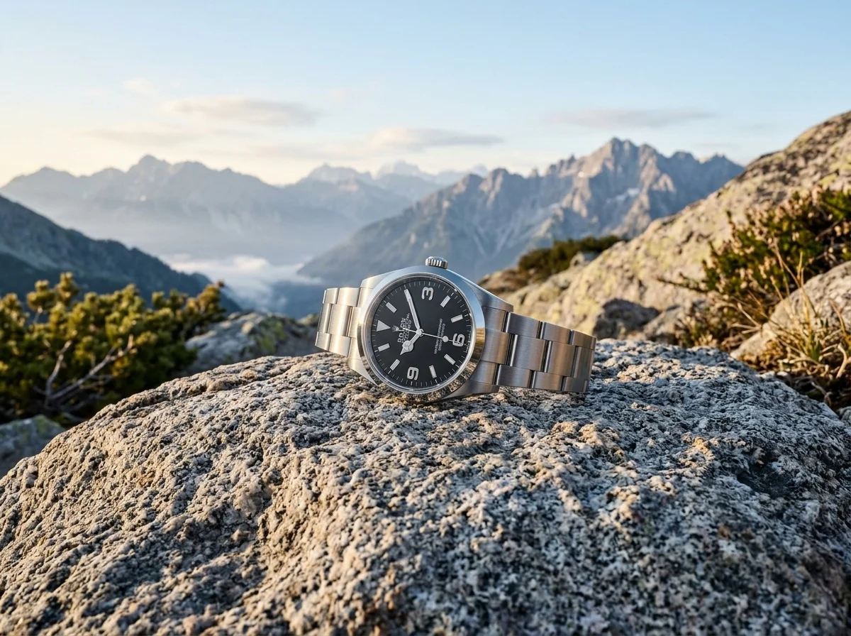 Rolex Explorer 124270 36mm on granite rock outdoors in morning mountain light, editorial wide composition