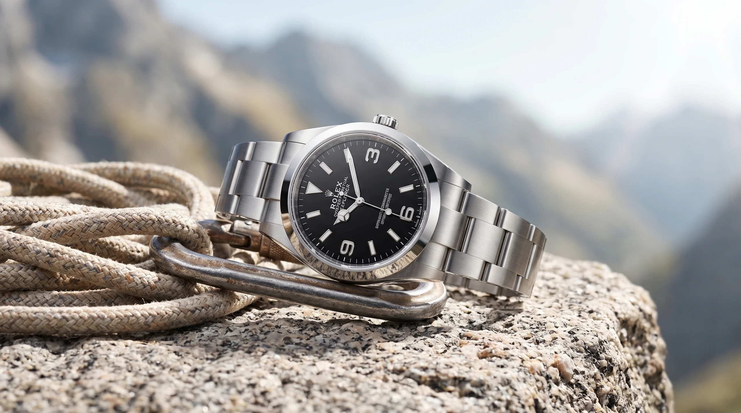 Rolex Explorer 124270 black dial on climbing rope on a rock ledge